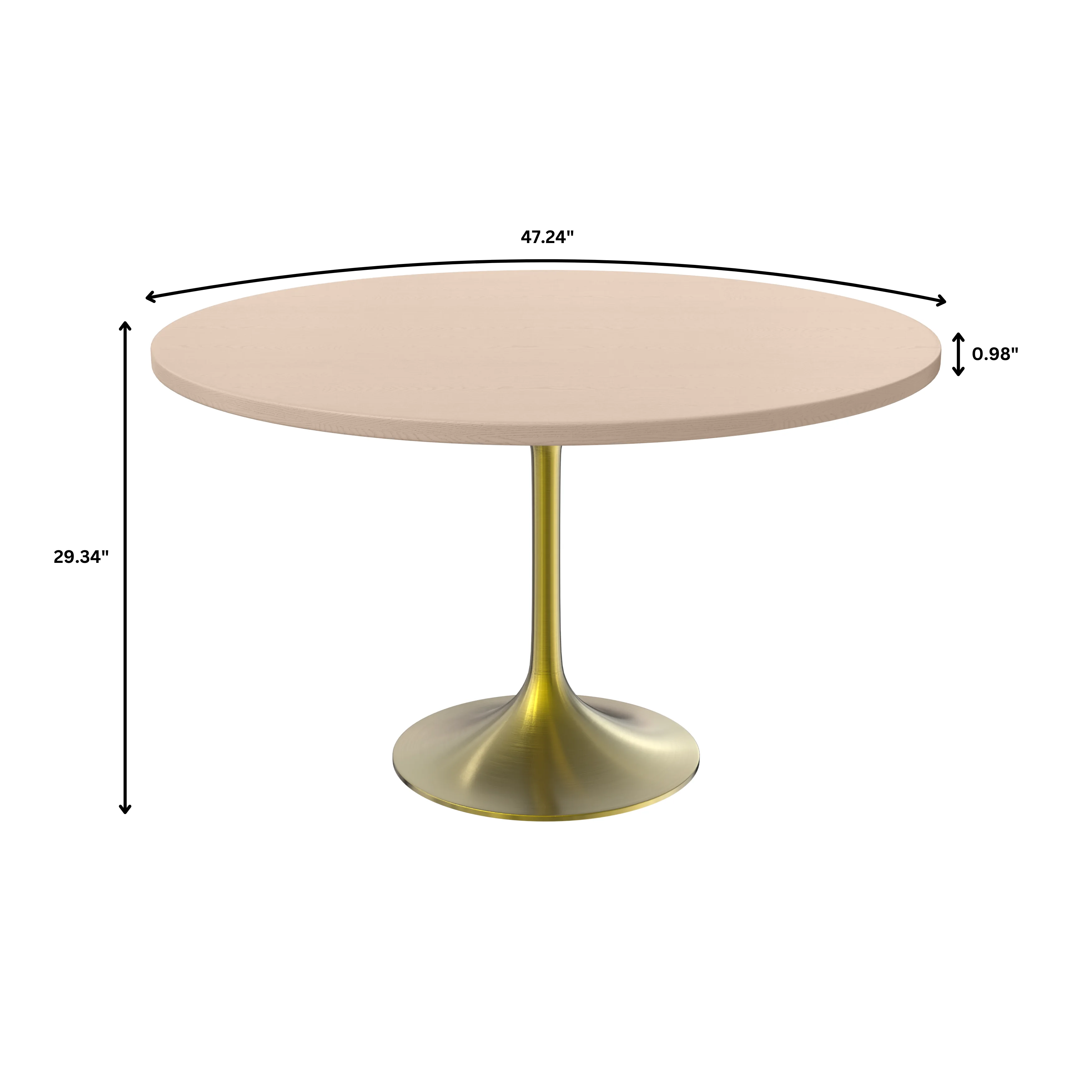 Verve Collection 48" Round Dining Table, Brushed Gold Base with Light Natural Wood MDF Top
