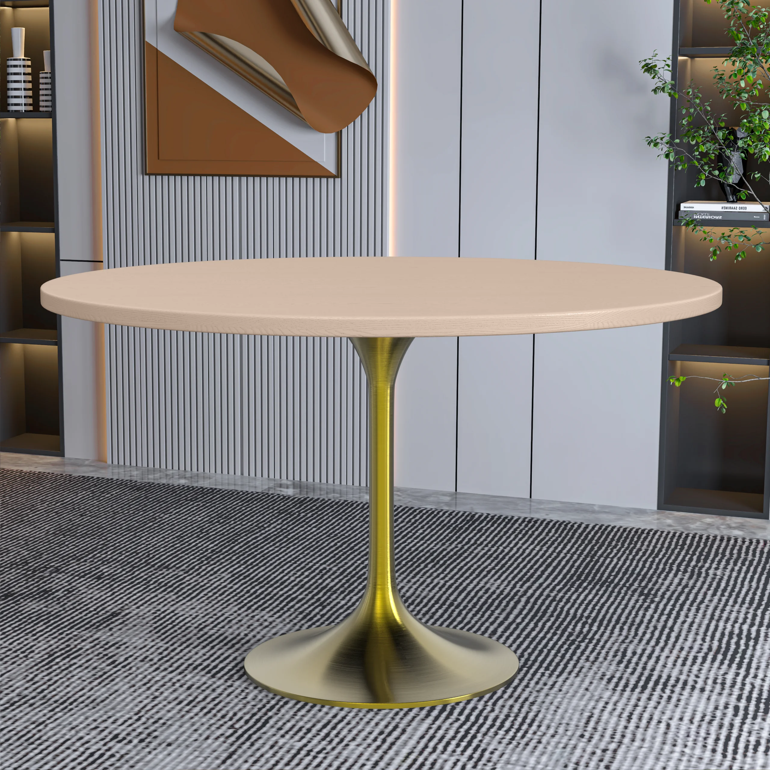 Verve Collection 48" Round Dining Table, Brushed Gold Base with Light Natural Wood MDF Top