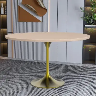 Verve Collection 48" Round Dining Table, Brushed Gold Base with Light Natural Wood MDF Top