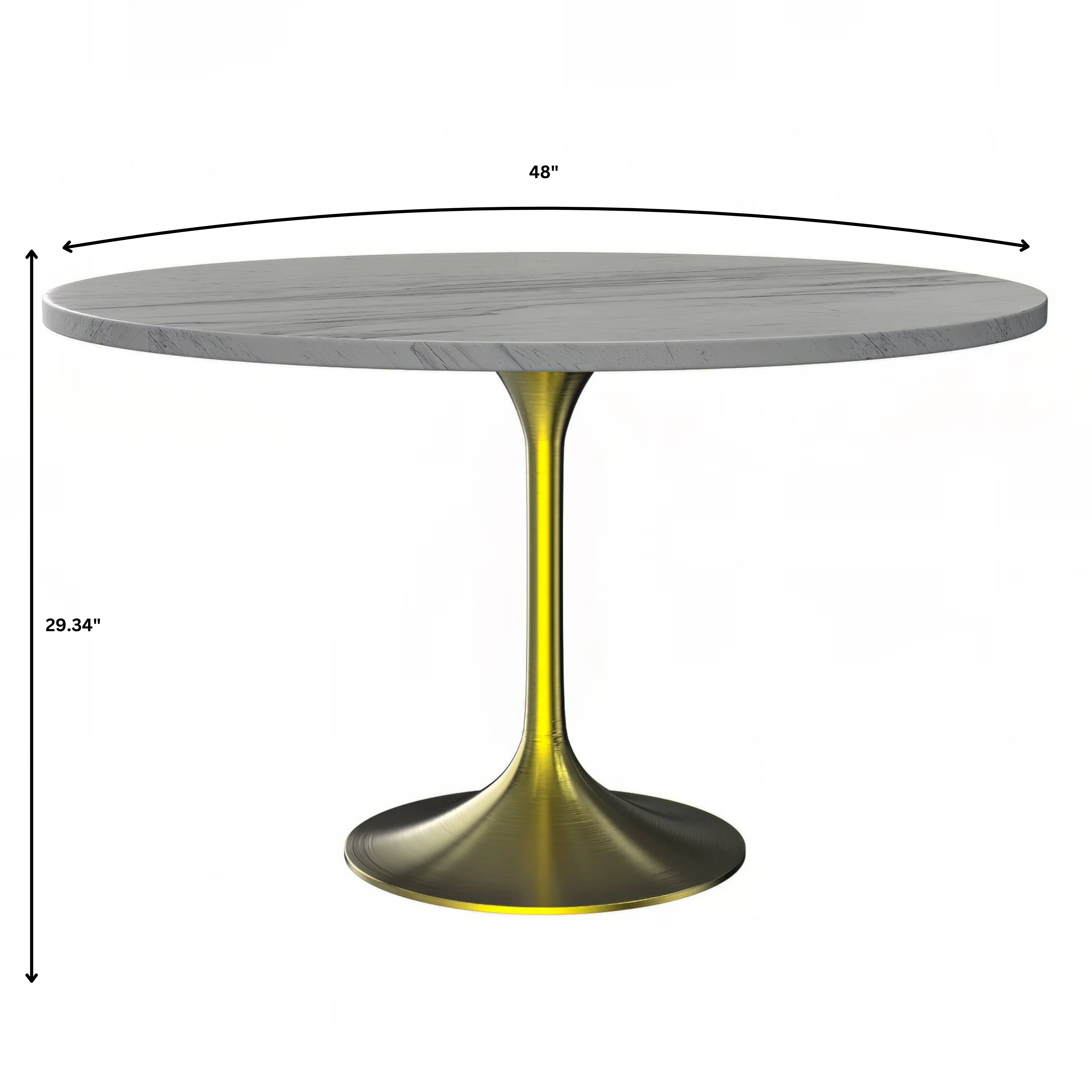 Verve Collection 48 Round Dining Table, Brushed Gold Base with Laminated White Marbleized Top