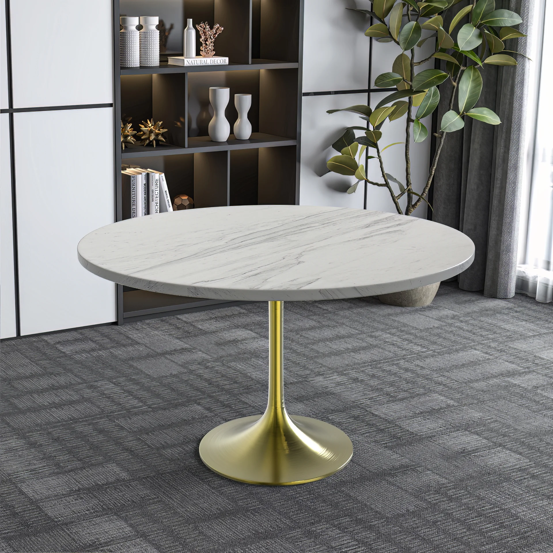 Verve Collection 48 Round Dining Table, Brushed Gold Base with Laminated White Marbleized Top