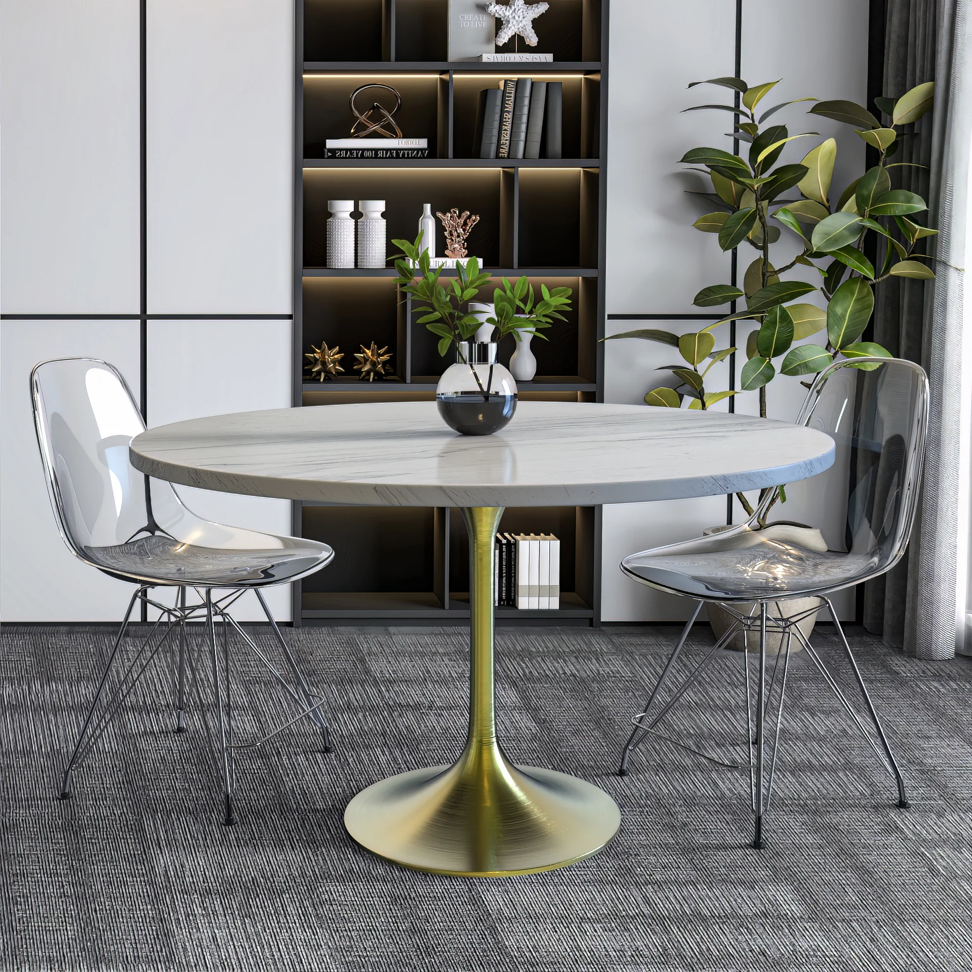 Verve Collection 48 Round Dining Table, Brushed Gold Base with Laminated White Marbleized Top