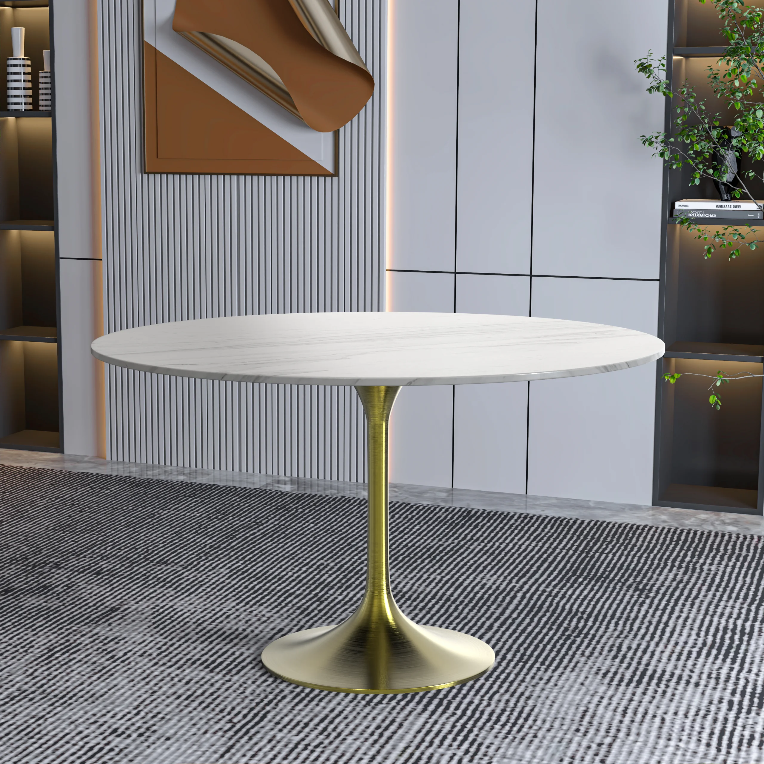 Verve Collection 48 Round Dining Table, Brushed Gold Base with Sintered Stone White Top