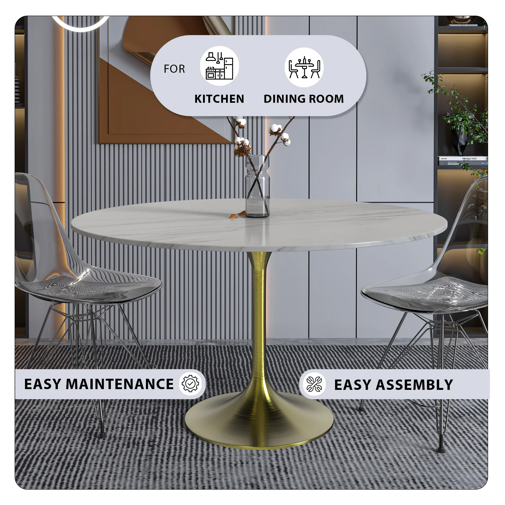 Verve Collection 48 Round Dining Table, Brushed Gold Base with Sintered Stone White Top