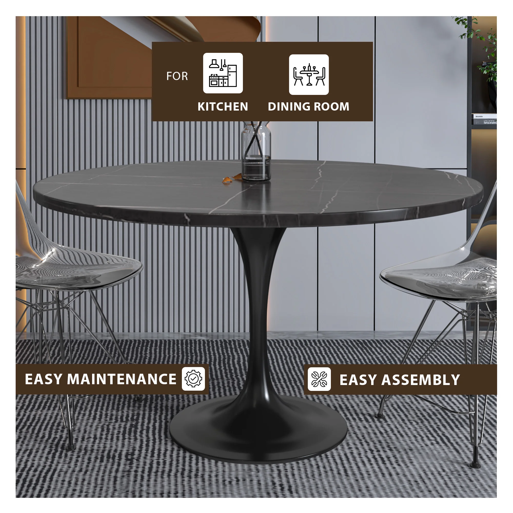 Verve Collection 48 Round Dining Table, Black Base with Sintered Stone Black Top