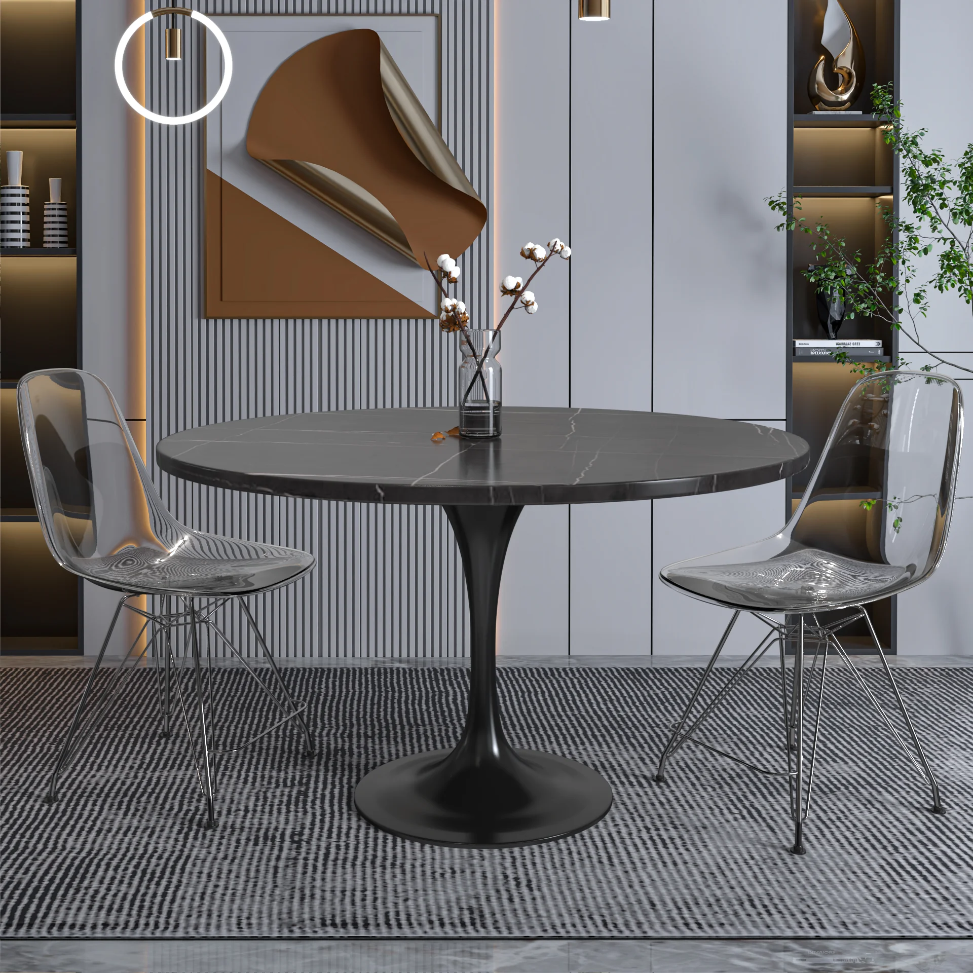 Verve Collection 48 Round Dining Table, Black Base with Sintered Stone Black Top