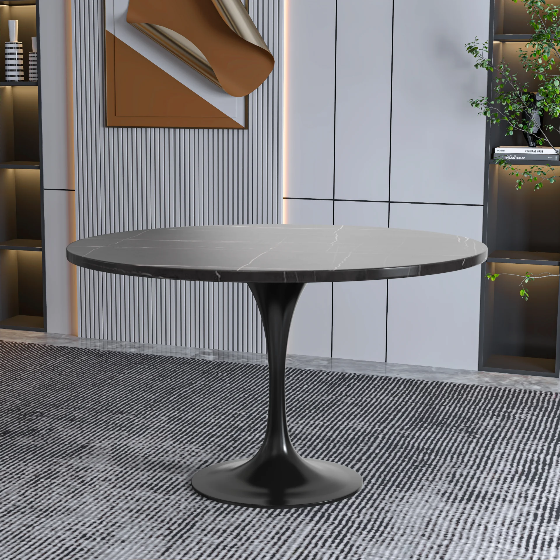 Verve Collection 48 Round Dining Table, Black Base with Sintered Stone Black Top
