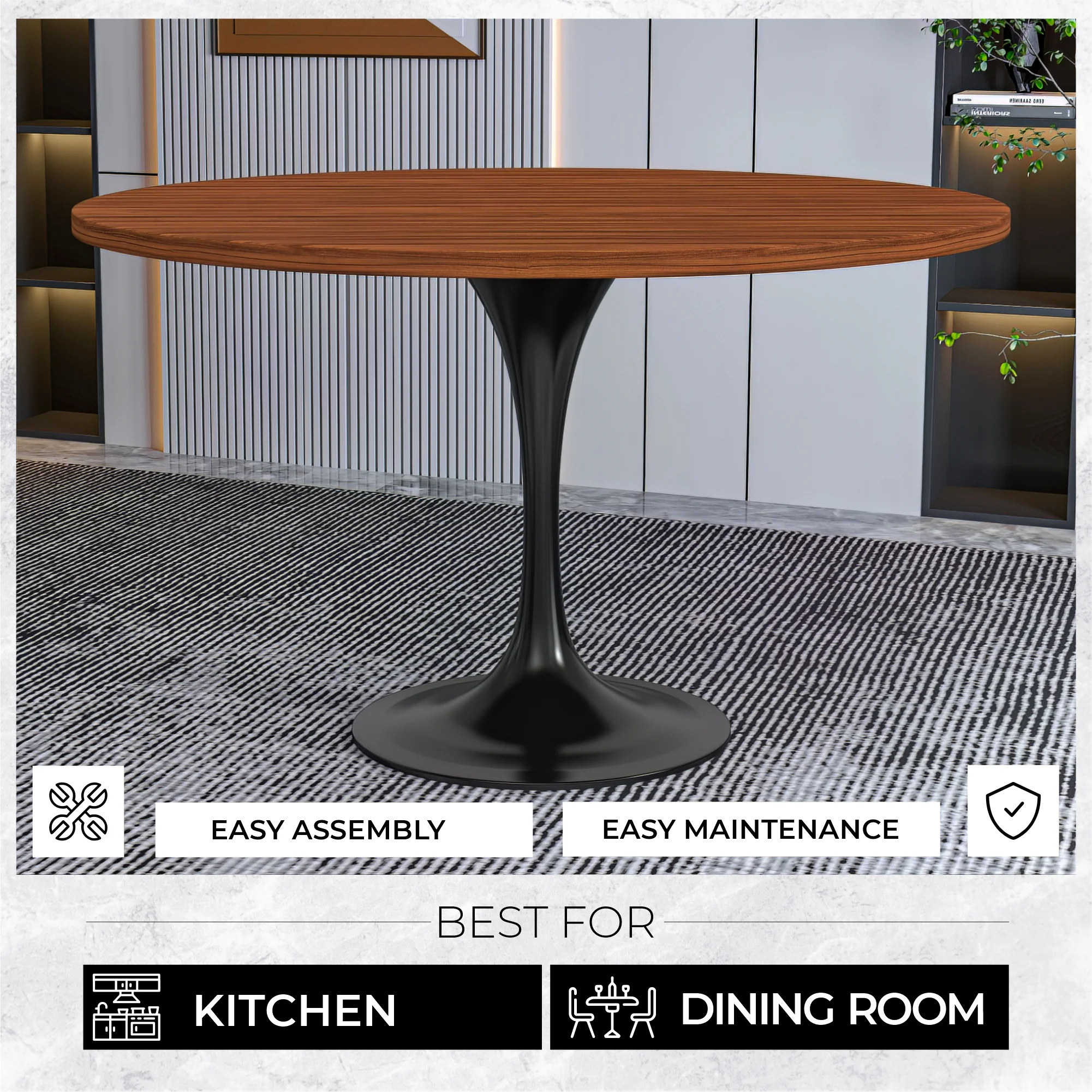 Verve Collection 48 Round Dining Table, Black Base with Cognac Brown MDF Top