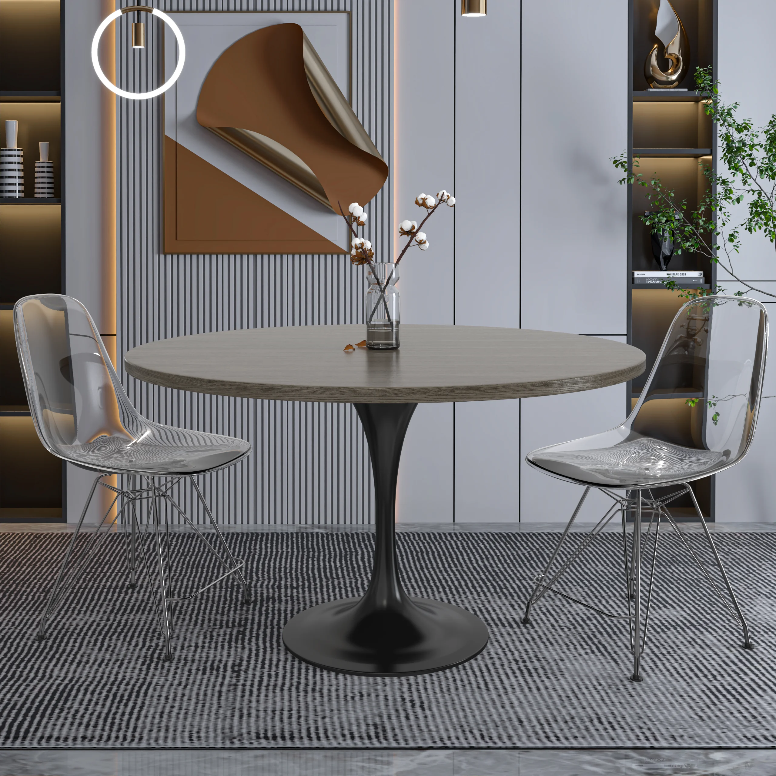 Verve Collection 48 Round Dining Table, Black Base with Dark Maple MDF Top