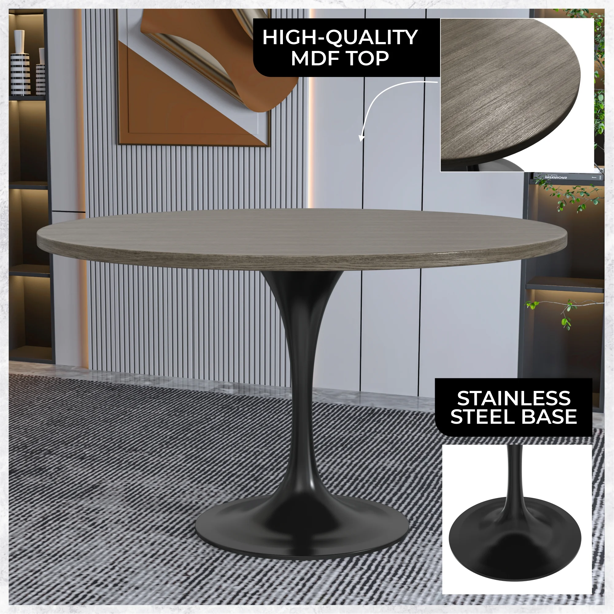 Verve Collection 48 Round Dining Table, Black Base with Dark Maple MDF Top