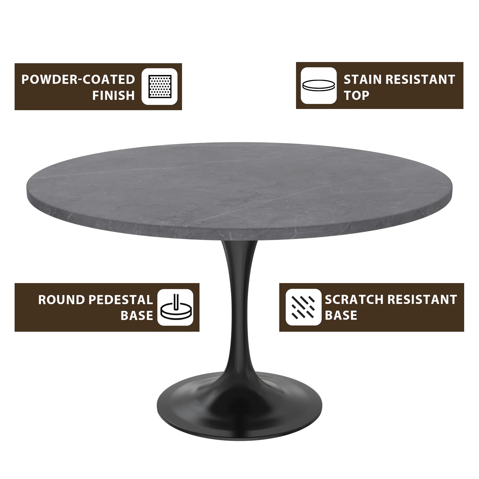 Verve Collection 48 Round Dining Table, Black Base with Sintered Stone Grey Top