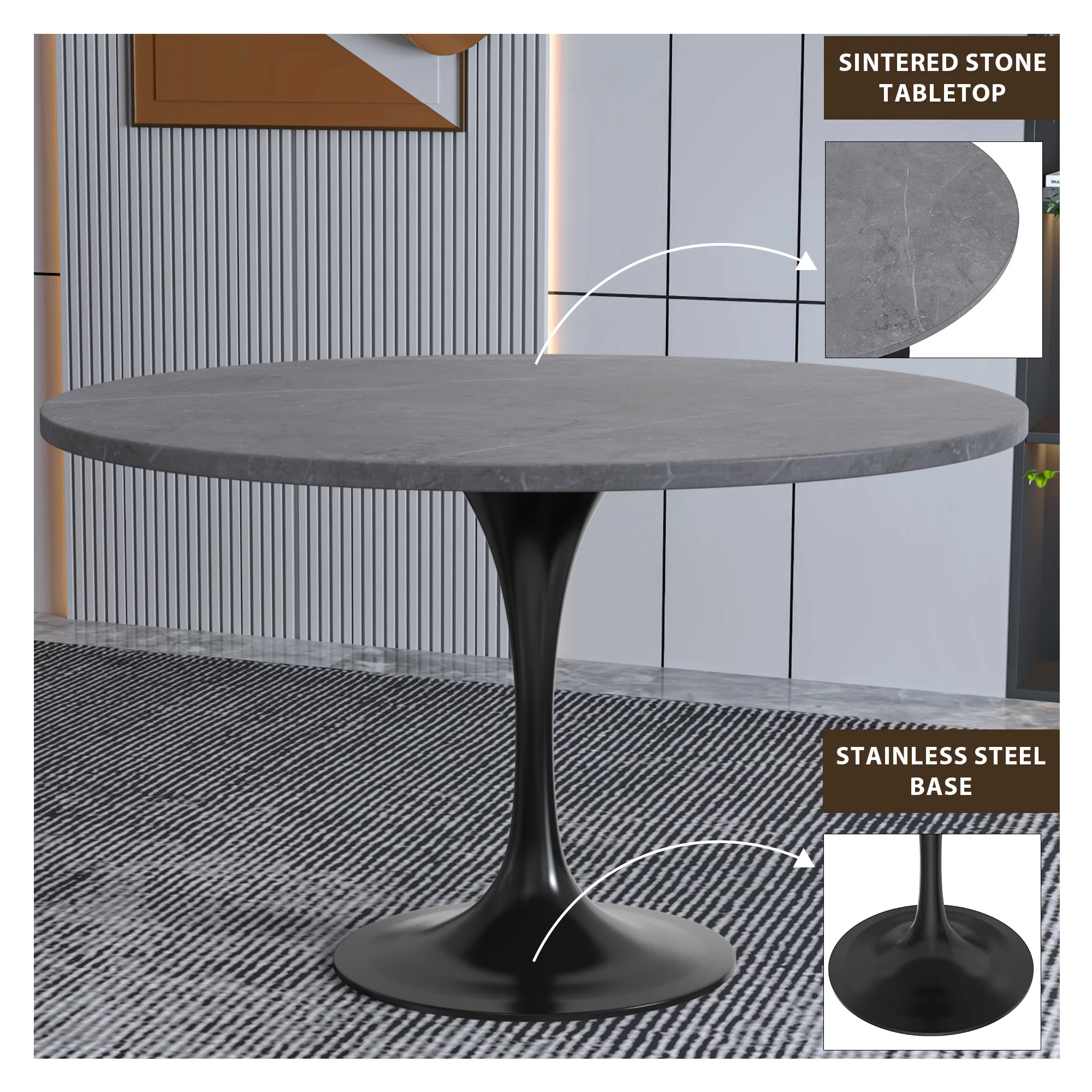 Verve Collection 48 Round Dining Table, Black Base with Sintered Stone Grey Top