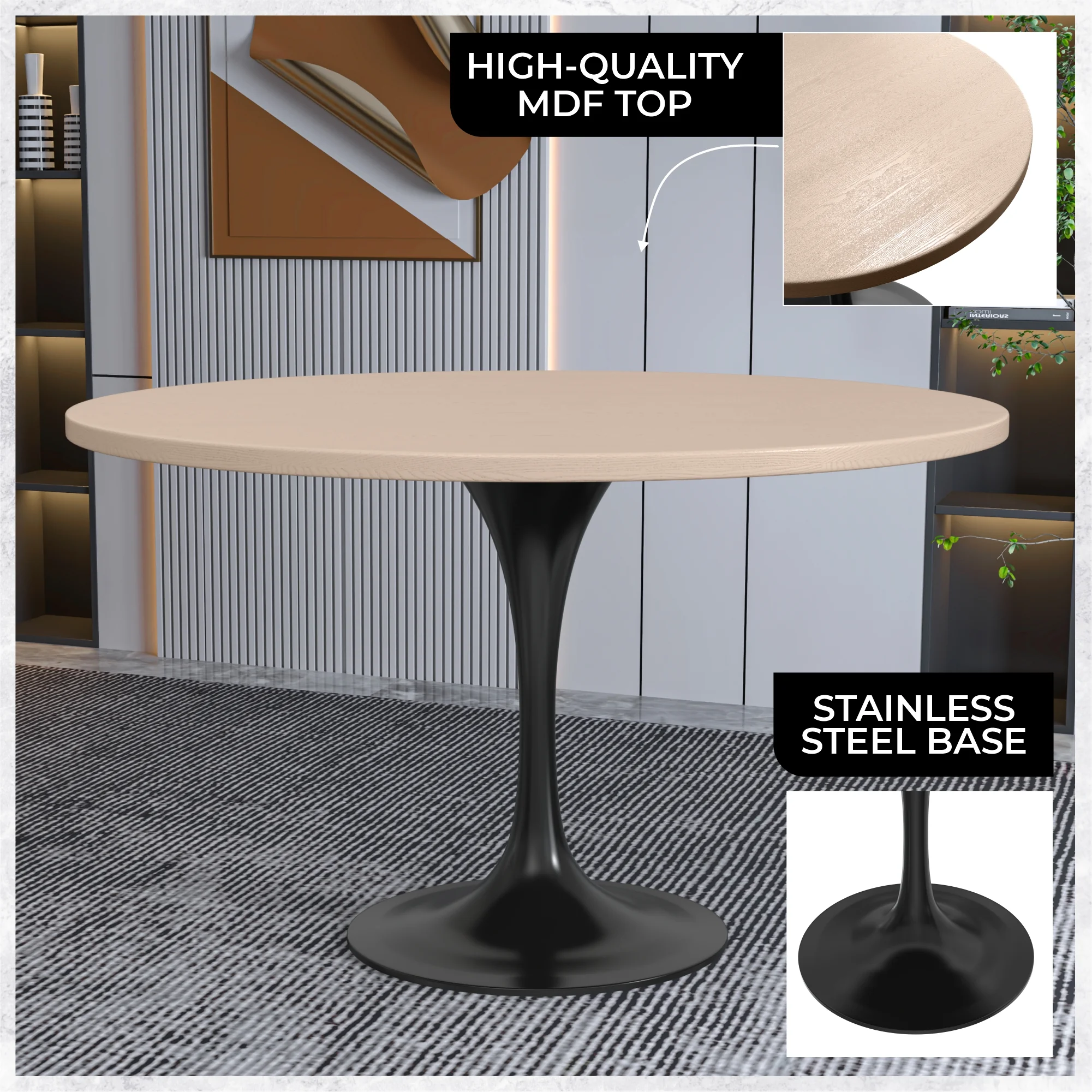 Verve Collection 48 Round Dining Table, Black Base with Light Natural Wood MDF Top