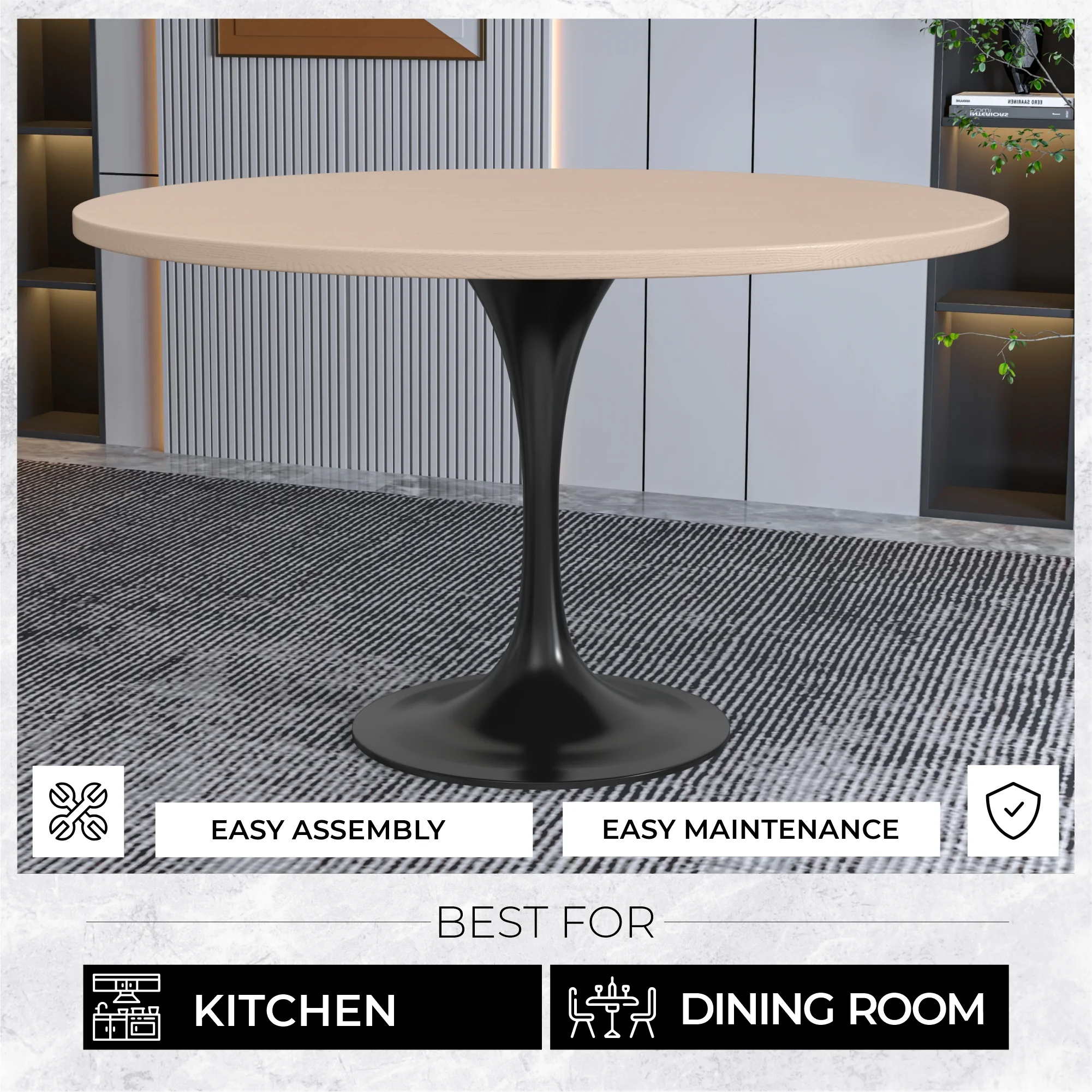 Verve Collection 48 Round Dining Table, Black Base with Light Natural Wood MDF Top
