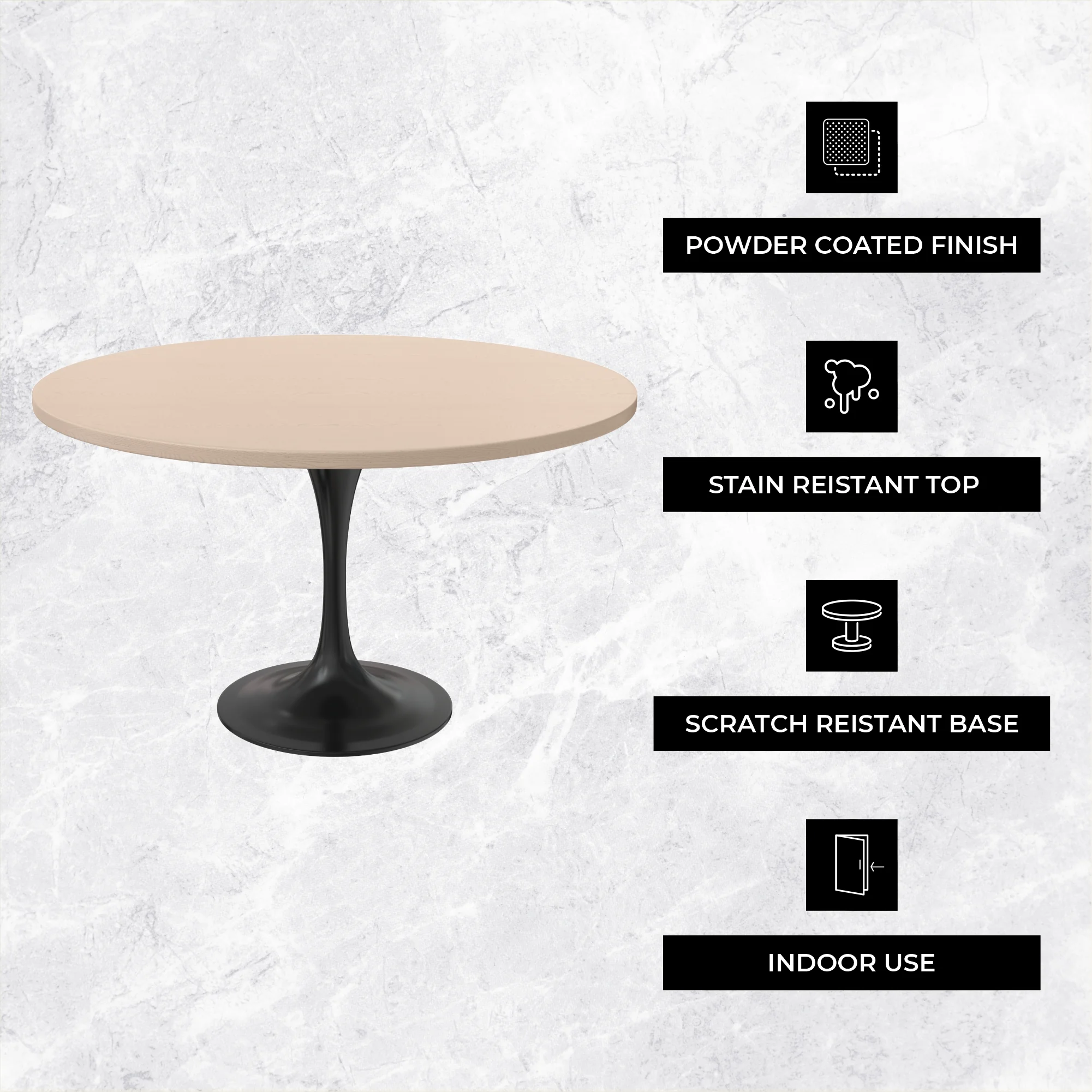 Verve Collection 48 Round Dining Table, Black Base with Light Natural Wood MDF Top