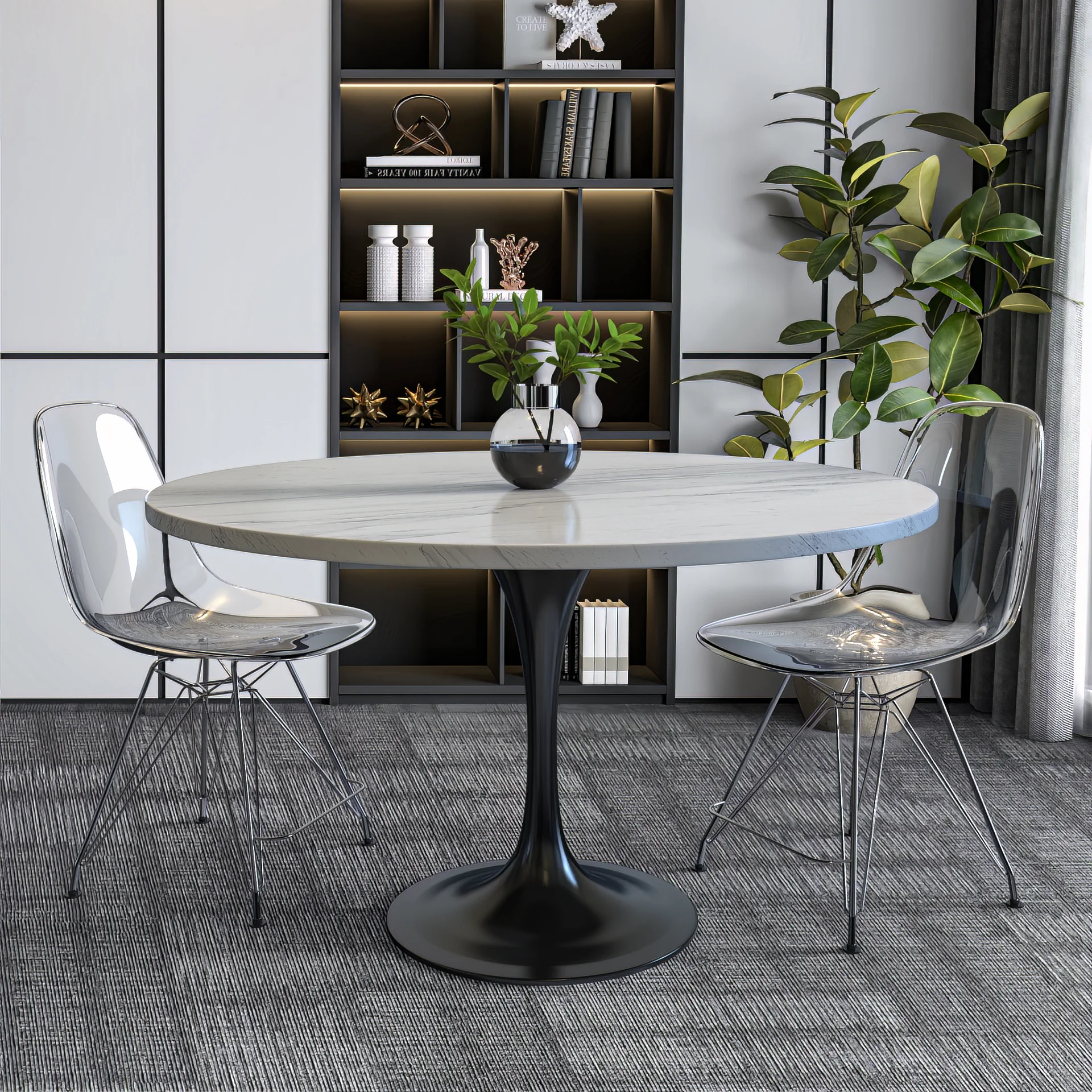 Verve Collection 48" Round Dining Table, Black Base with Laminated White Marbleized Top
