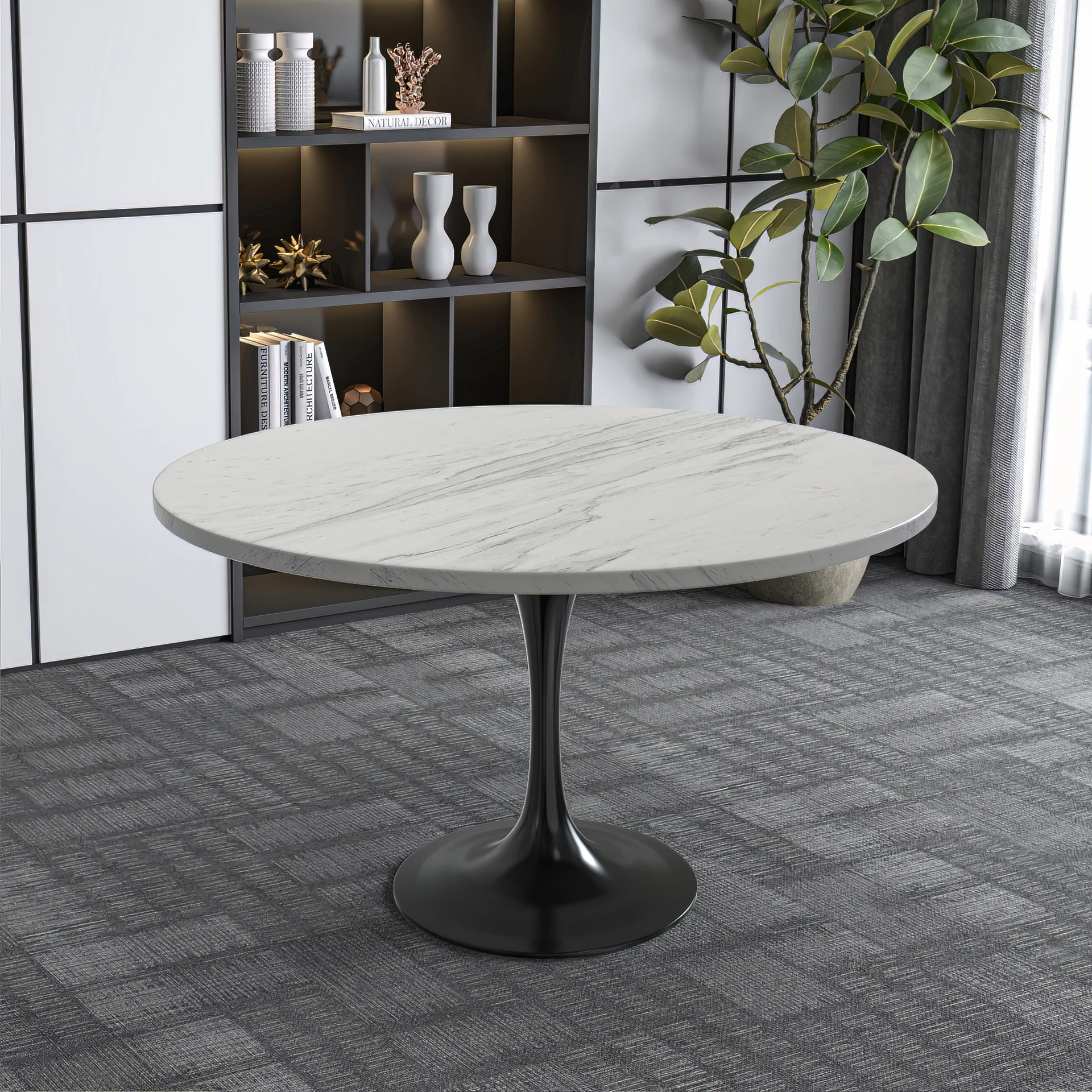 Verve Collection 48" Round Dining Table, Black Base with Laminated White Marbleized Top