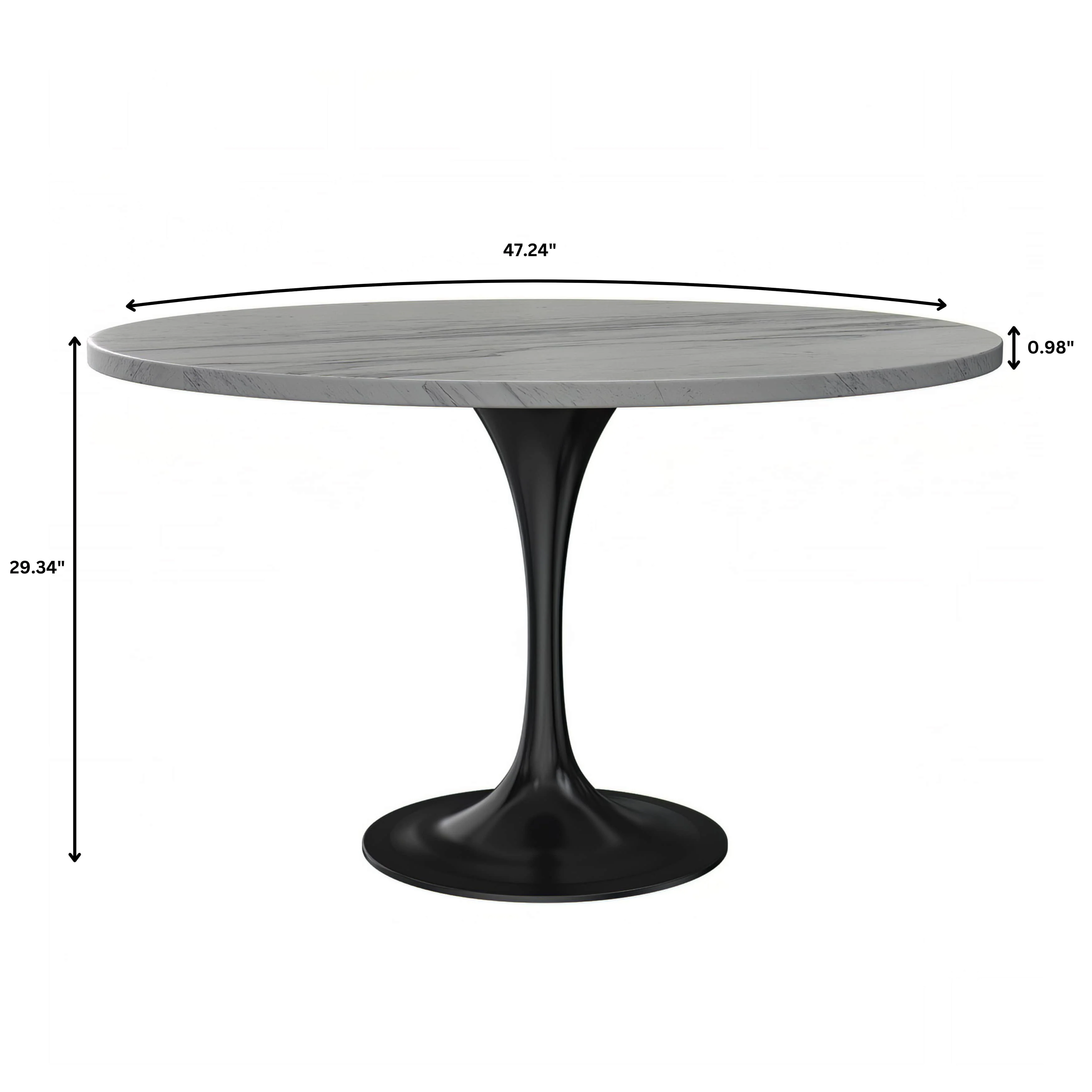 Verve Collection 48" Round Dining Table, Black Base with Laminated White Marbleized Top