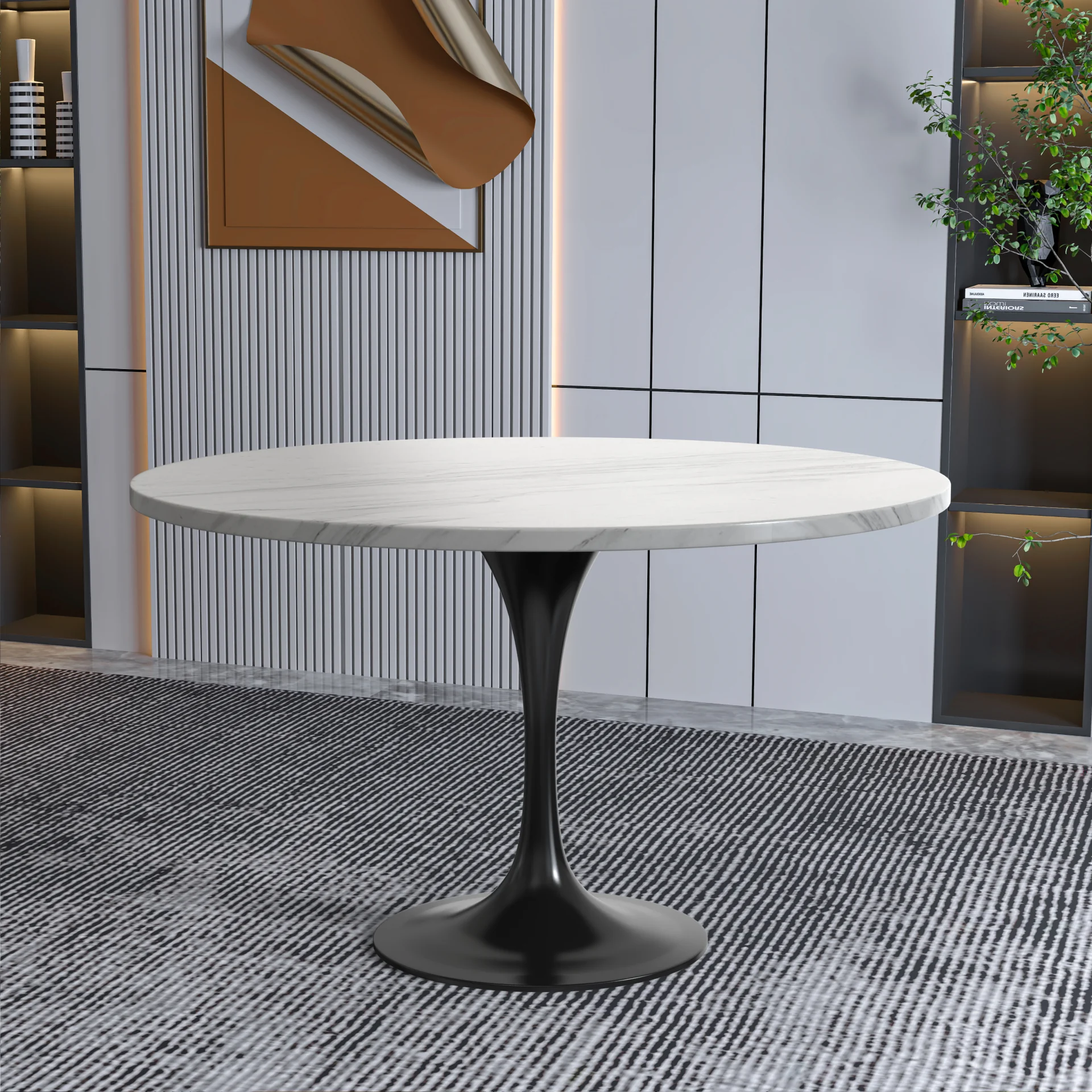 Verve Collection 48 Round Dining Table, Black Base with Sintered Stone White Top
