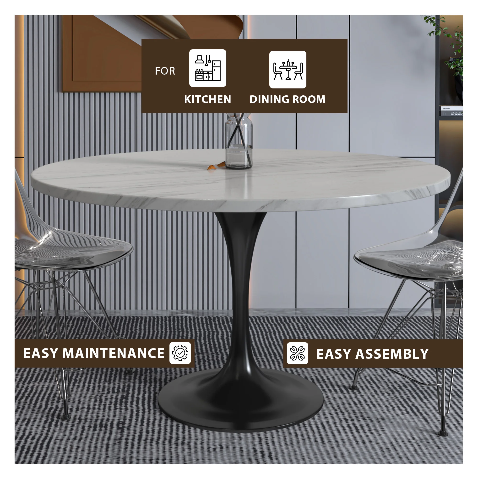 Verve Collection 48 Round Dining Table, Black Base with Sintered Stone White Top