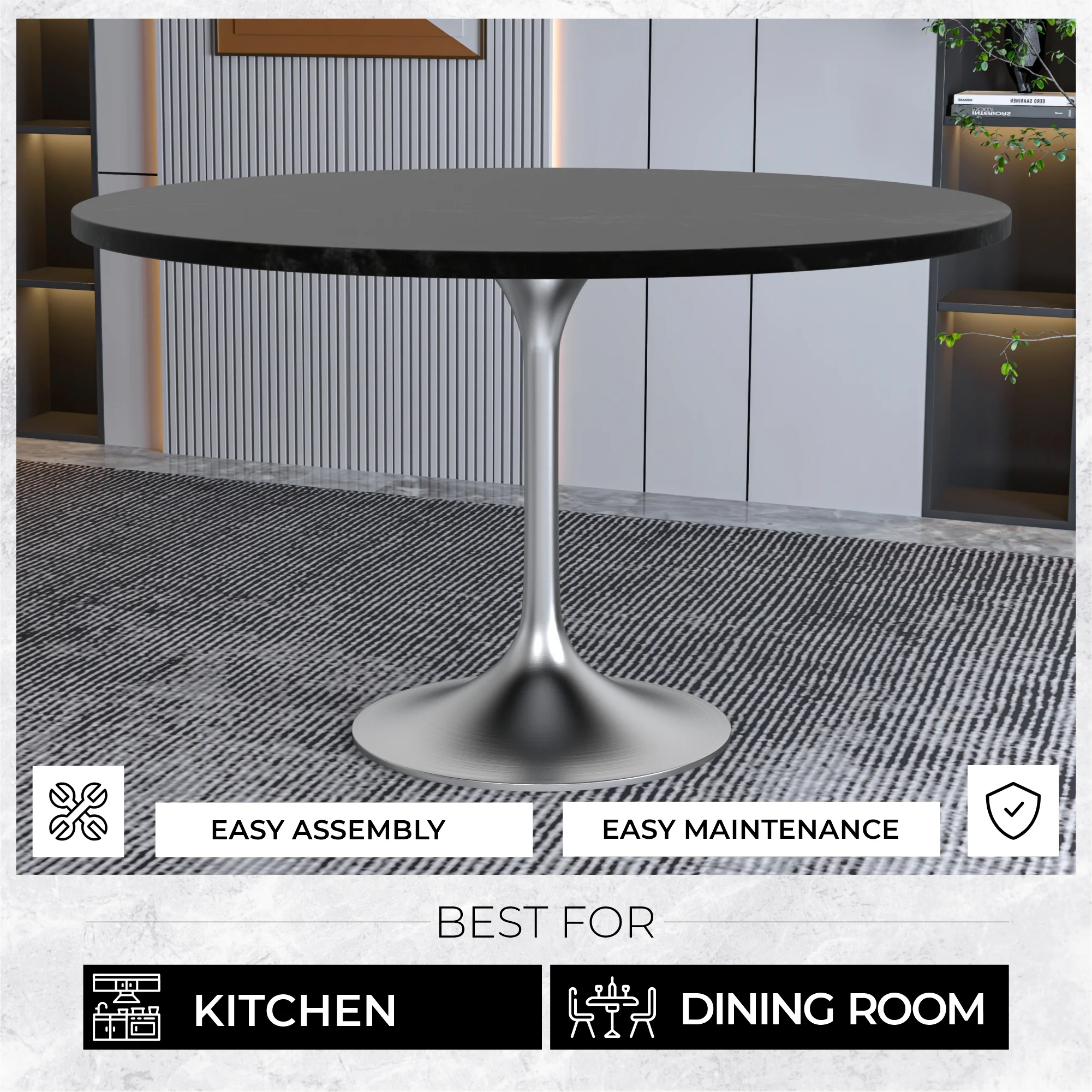 Verve Collection 48" Round Dining Table, Brushed Chrome Base with Black MDF Top