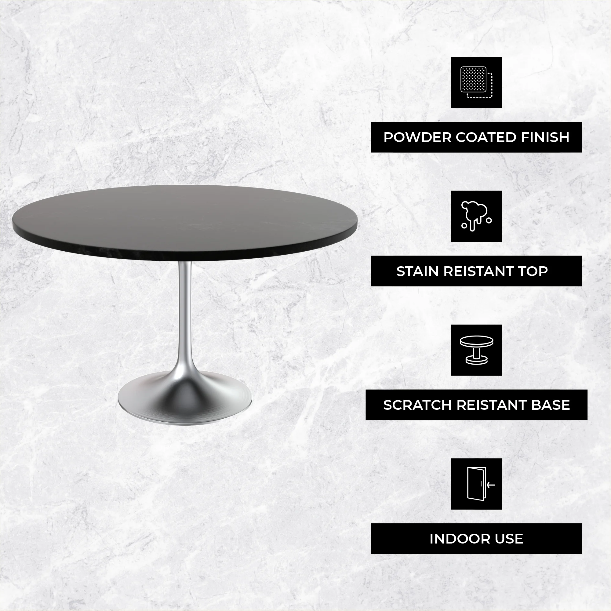 Verve Collection 48" Round Dining Table, Brushed Chrome Base with Black MDF Top