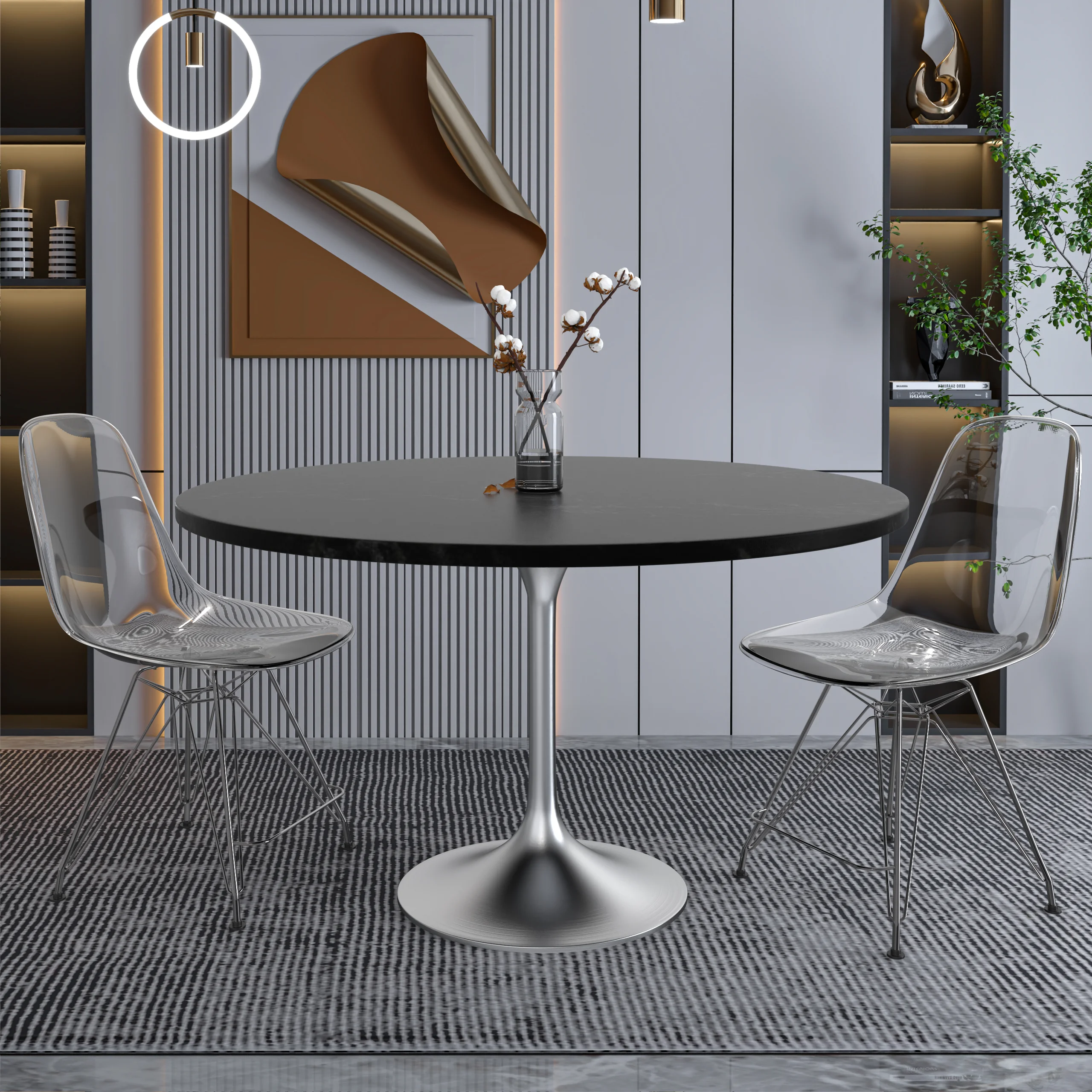 Verve Collection 48" Round Dining Table, Brushed Chrome Base with Black MDF Top