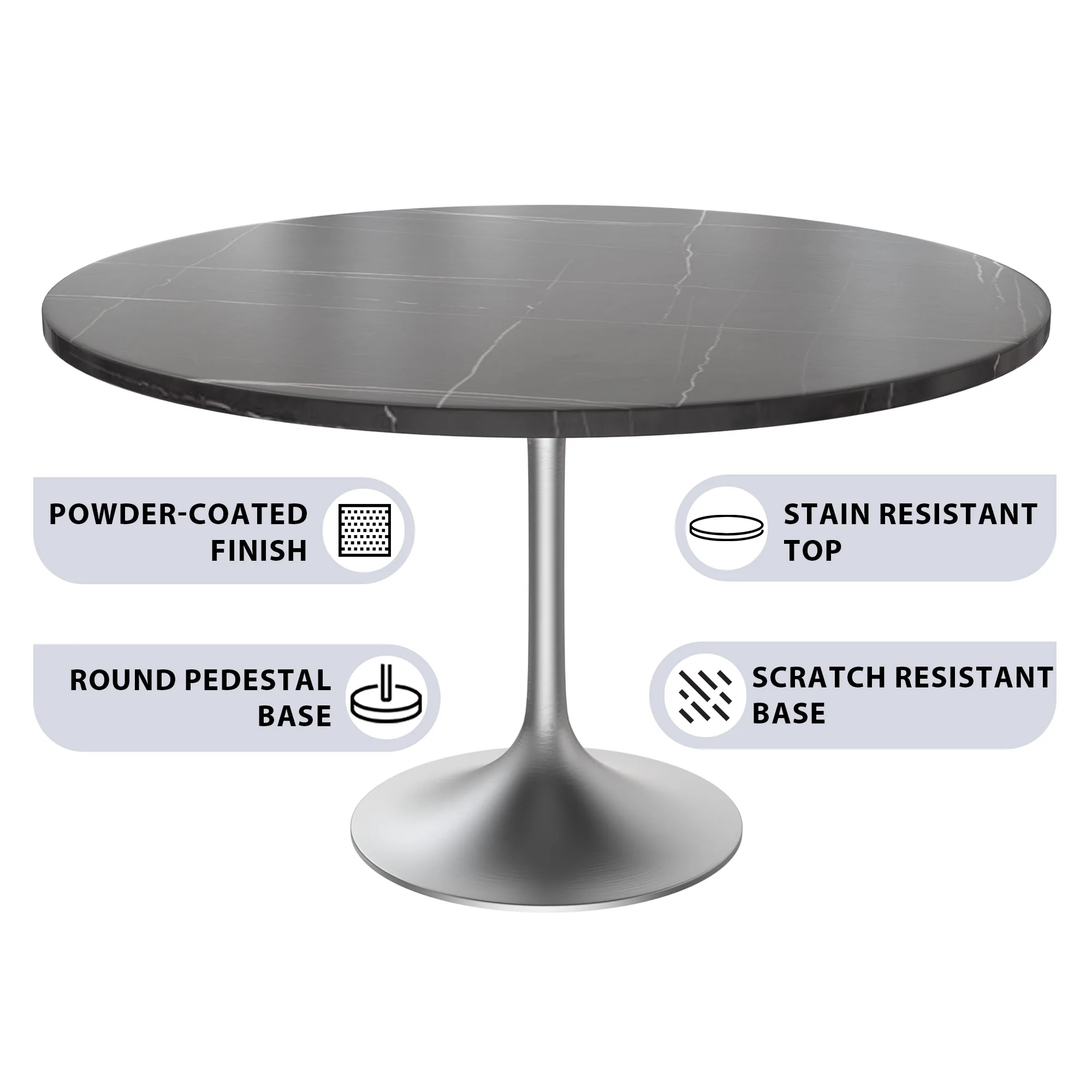 Verve Collection 48 Round Dining Table, Brushed Chrome Base with Sintered Stone Black Top