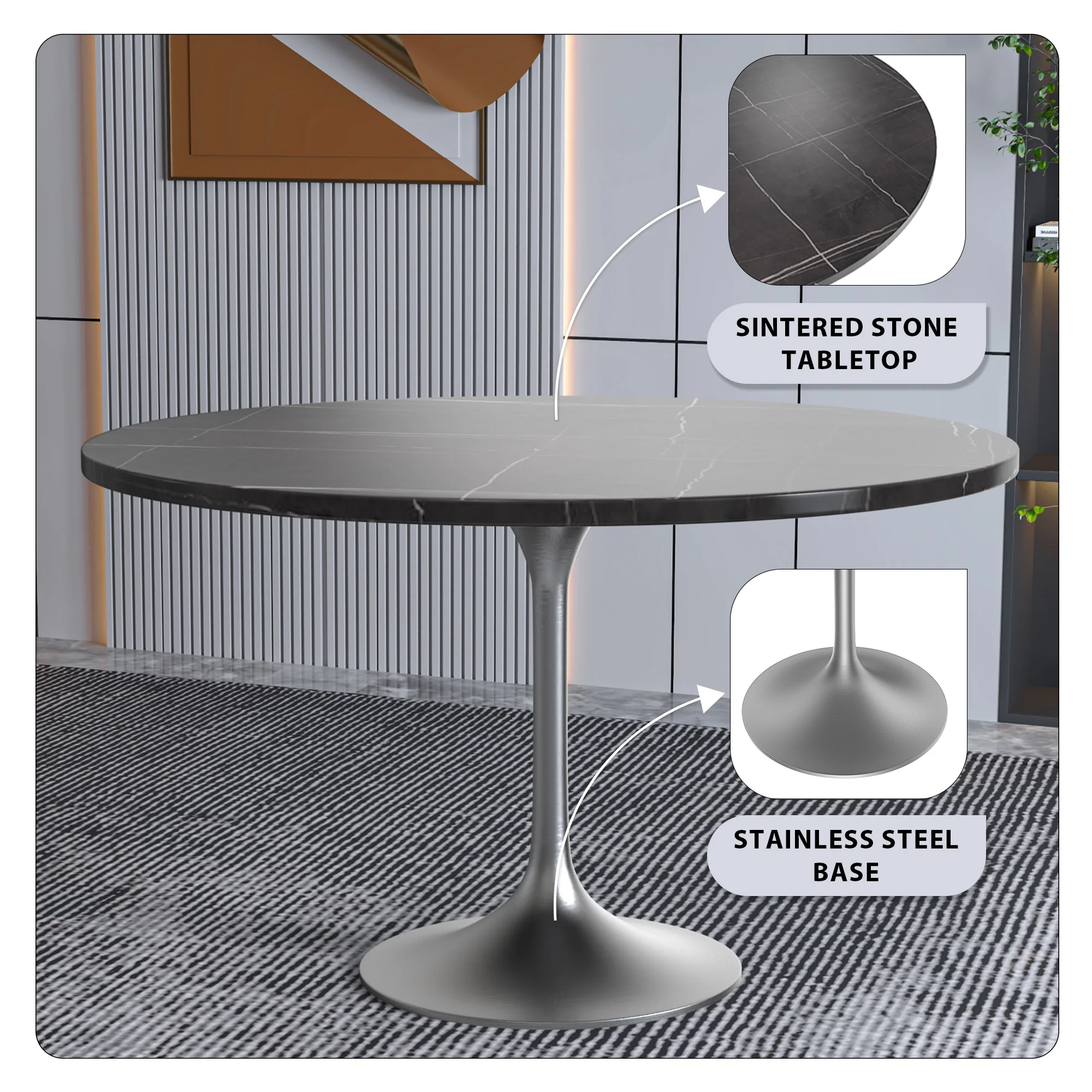 Verve Collection 48 Round Dining Table, Brushed Chrome Base with Sintered Stone Black Top