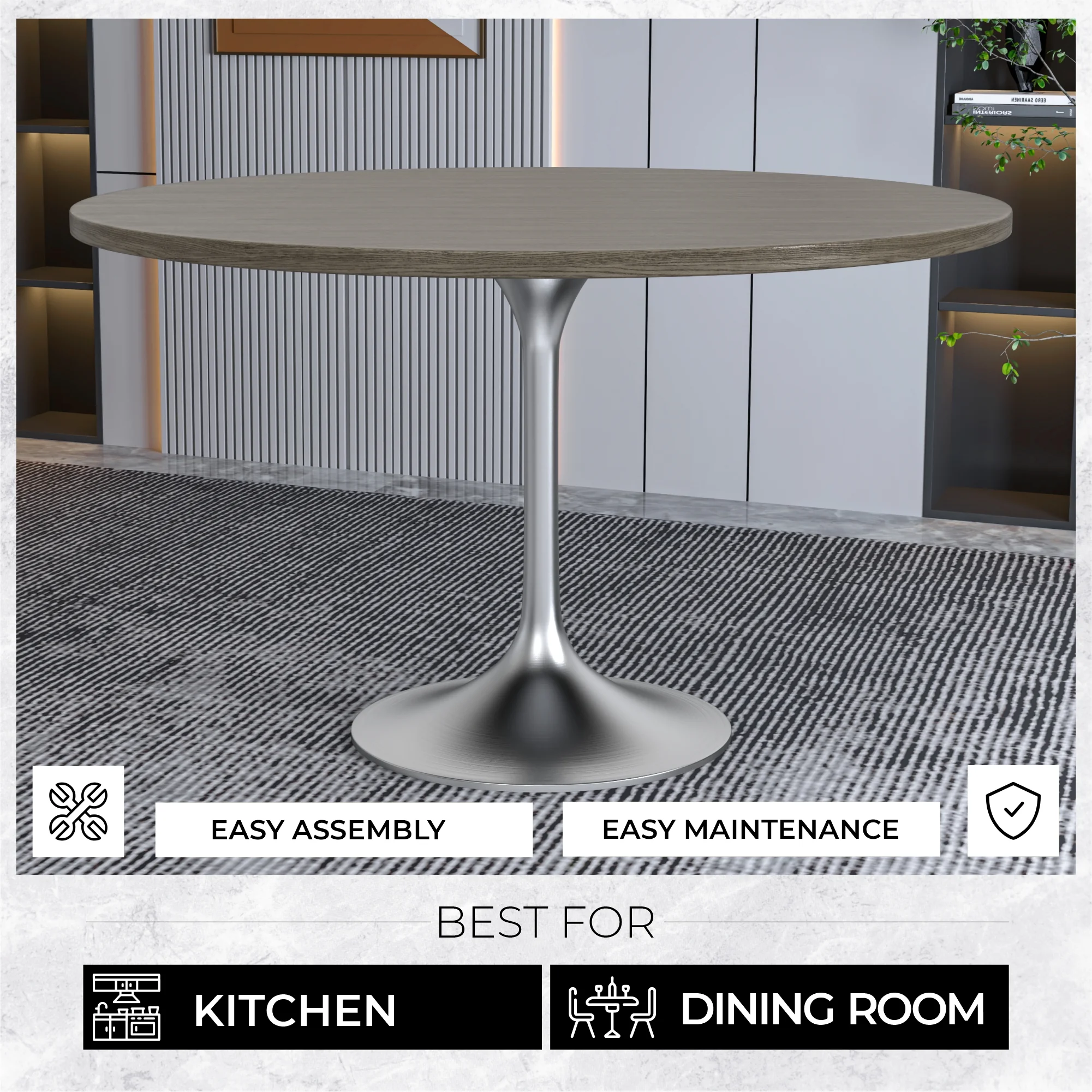Verve Collection 48" Round Dining Table, Brushed Chrome Base with Dark Maple MDF Top