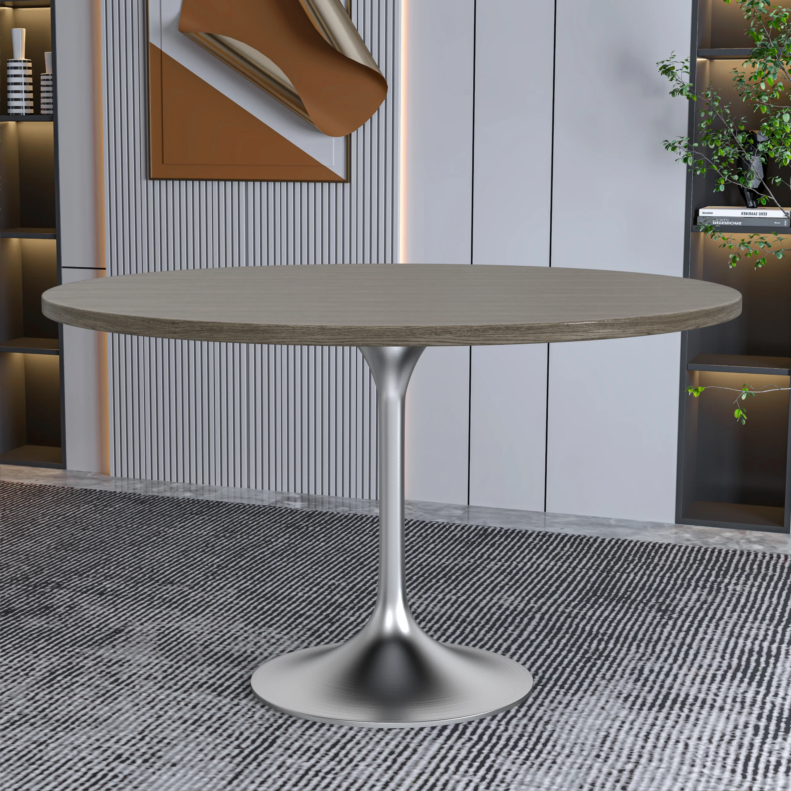 Verve Collection 48" Round Dining Table, Brushed Chrome Base with Dark Maple MDF Top