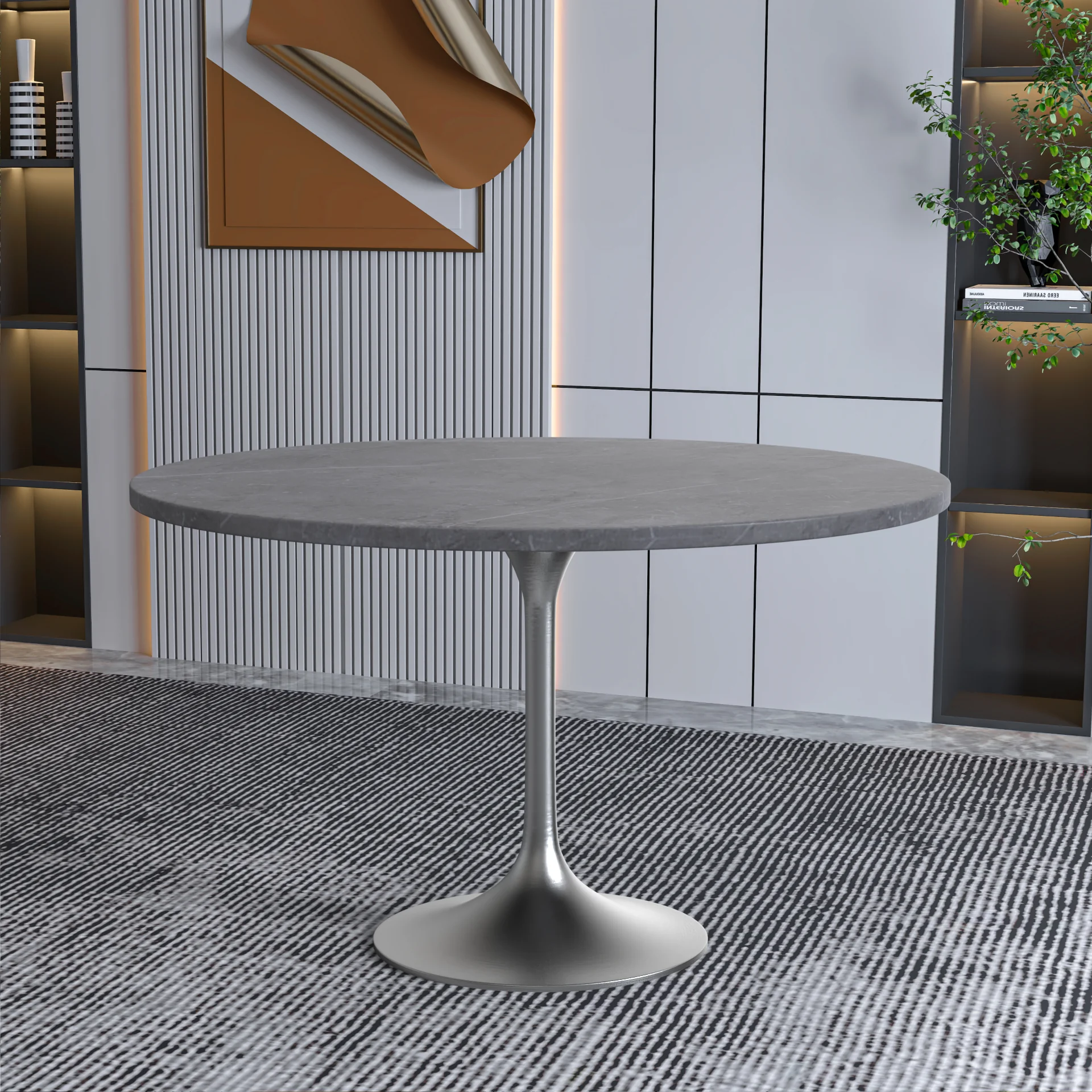 Verve Collection 48 Round Dining Table, Brushed Chrome Base with Sintered Stone Grey Top