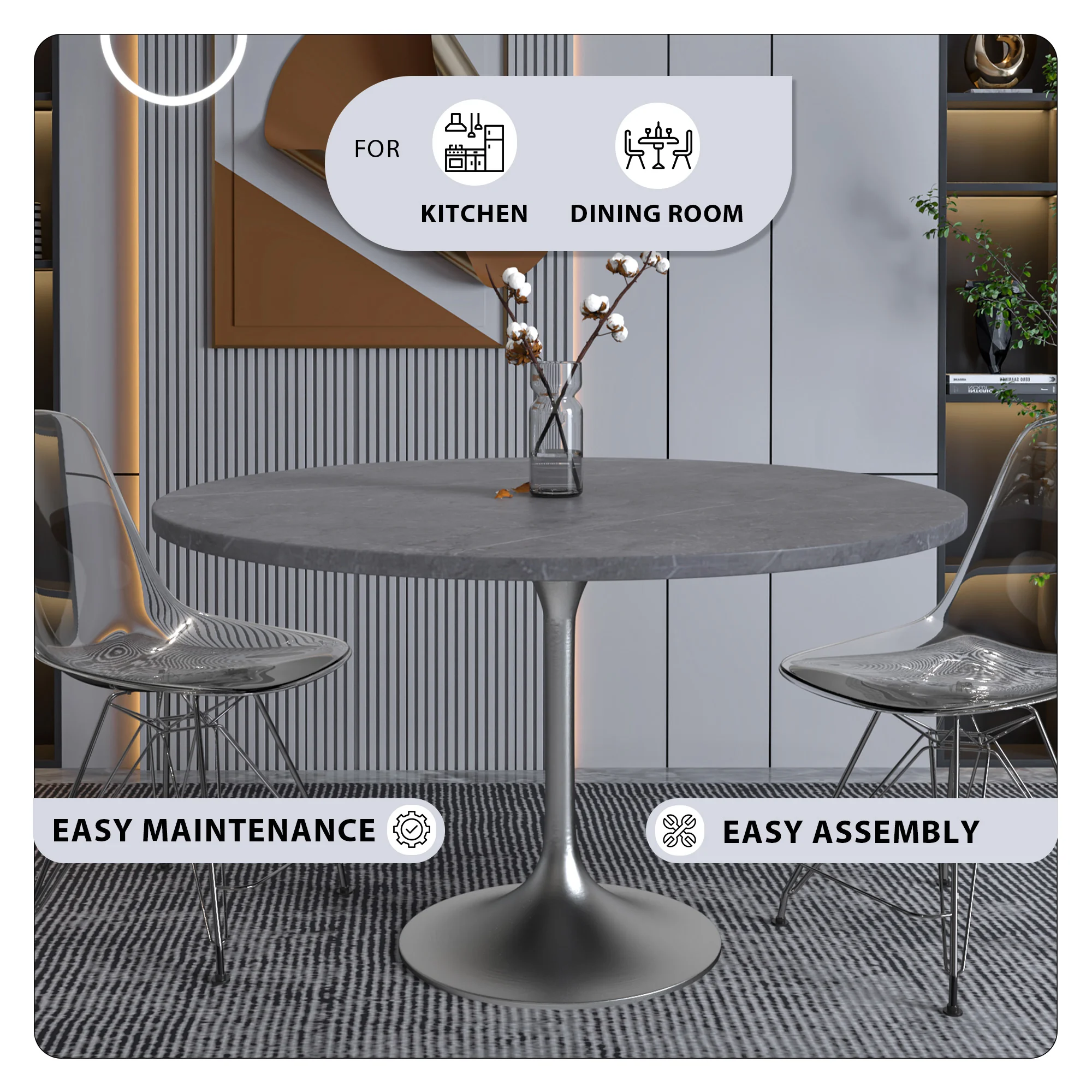 Verve Collection 48 Round Dining Table, Brushed Chrome Base with Sintered Stone Grey Top