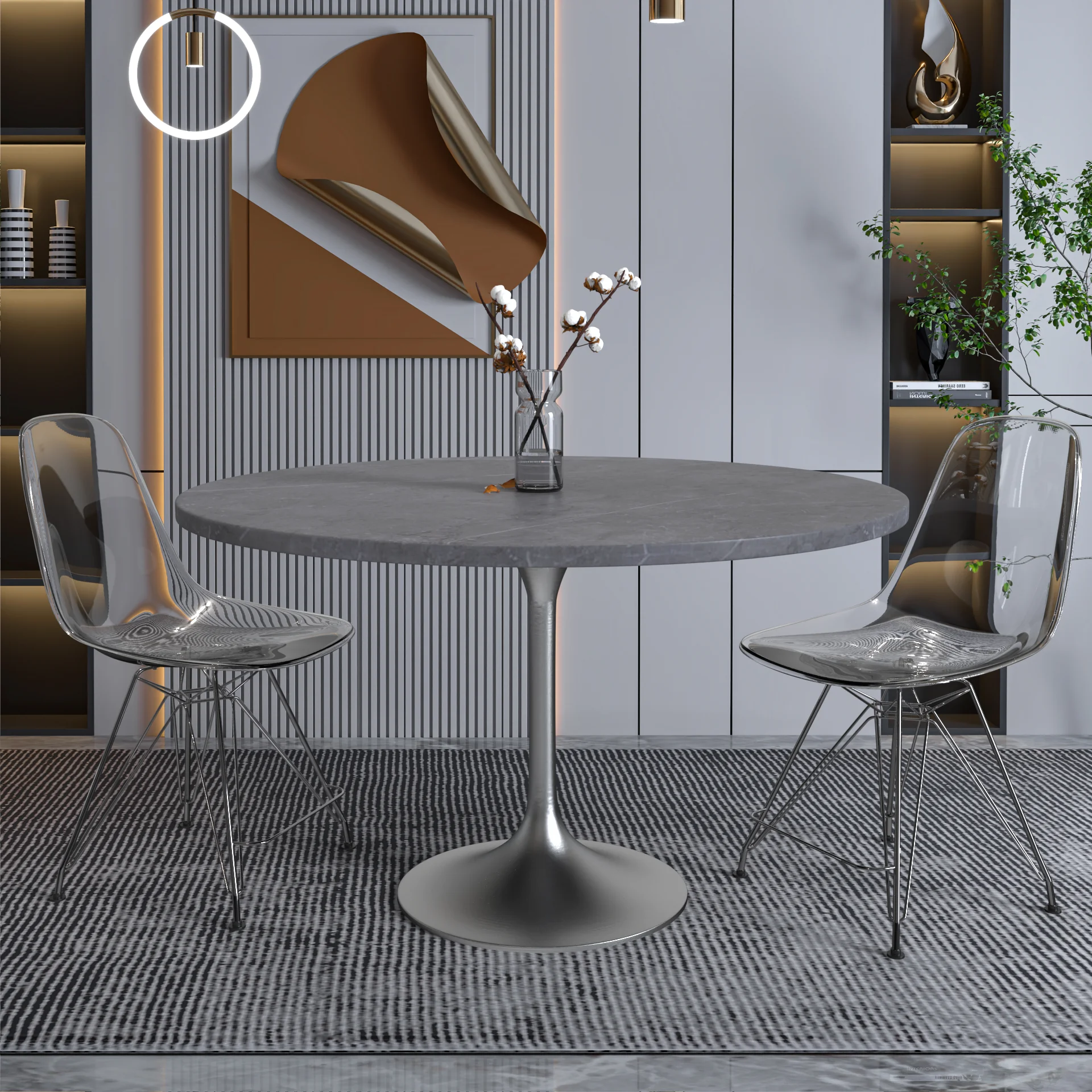 Verve Collection 48 Round Dining Table, Brushed Chrome Base with Sintered Stone Grey Top