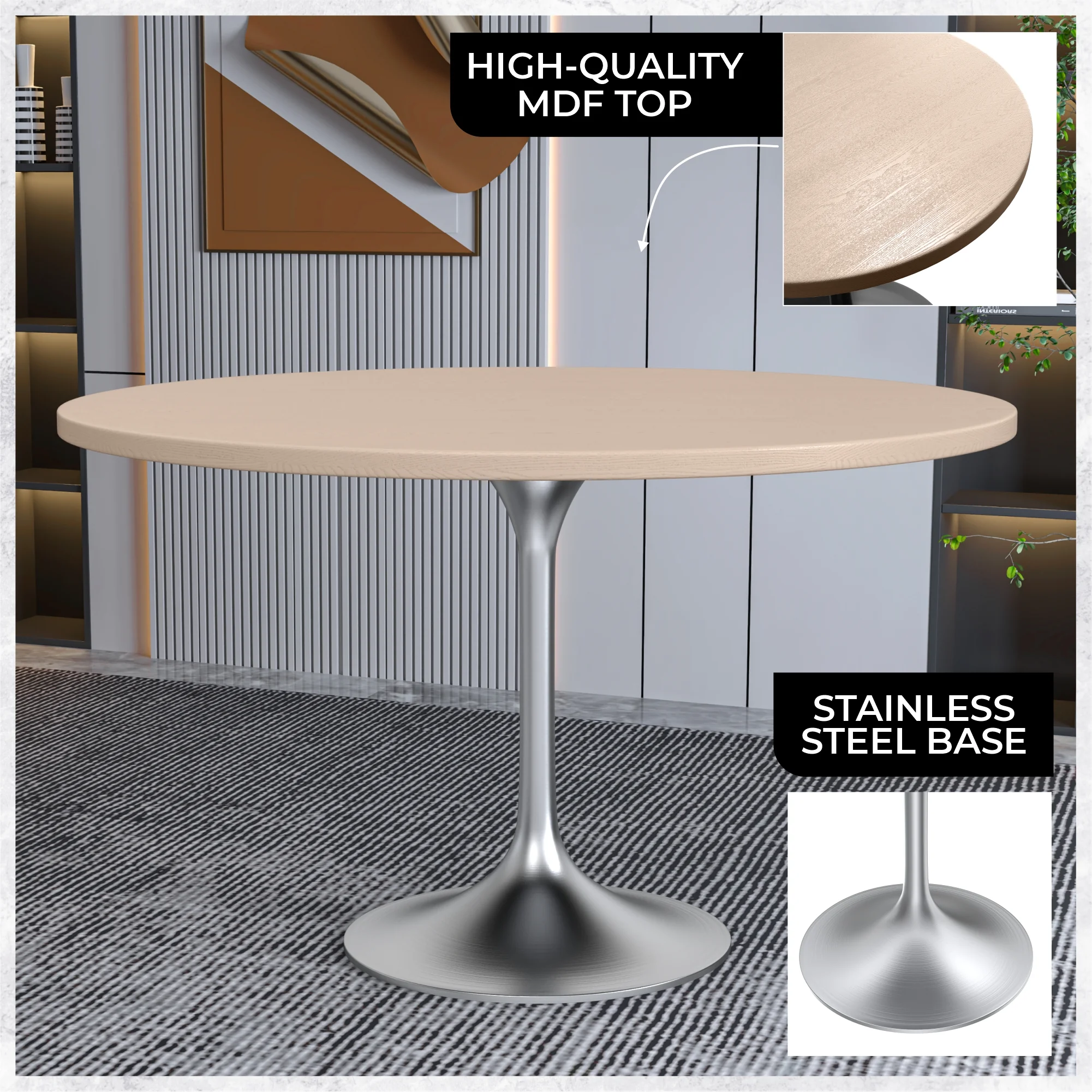 Verve Collection 48" Round Dining Table, Brushed Chrome Base with Light Natural Wood MDF Top