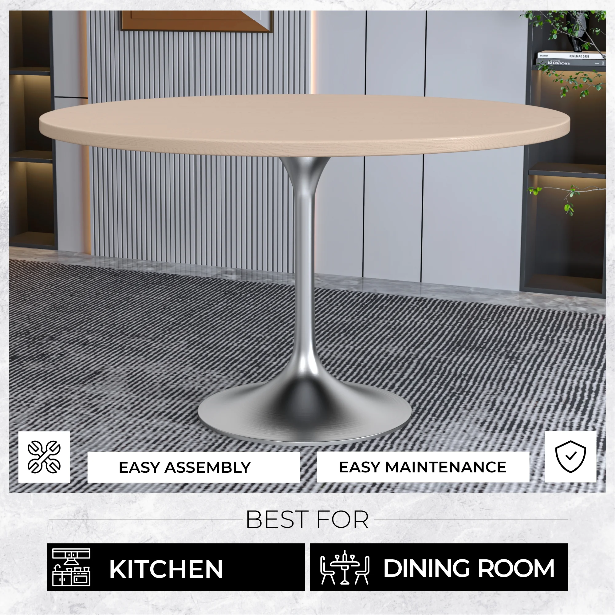 Verve Collection 48" Round Dining Table, Brushed Chrome Base with Light Natural Wood MDF Top