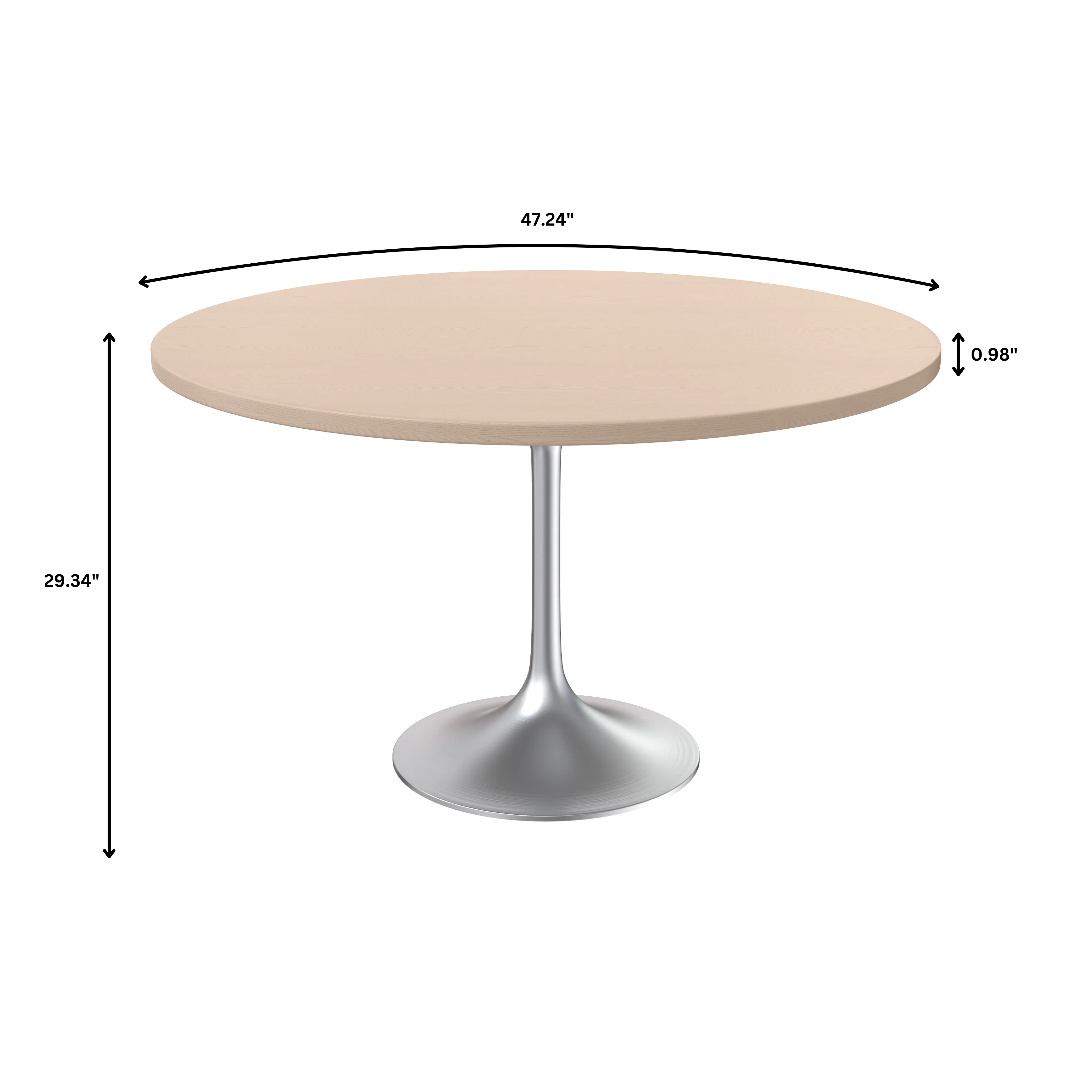 Verve Collection 48" Round Dining Table, Brushed Chrome Base with Light Natural Wood MDF Top