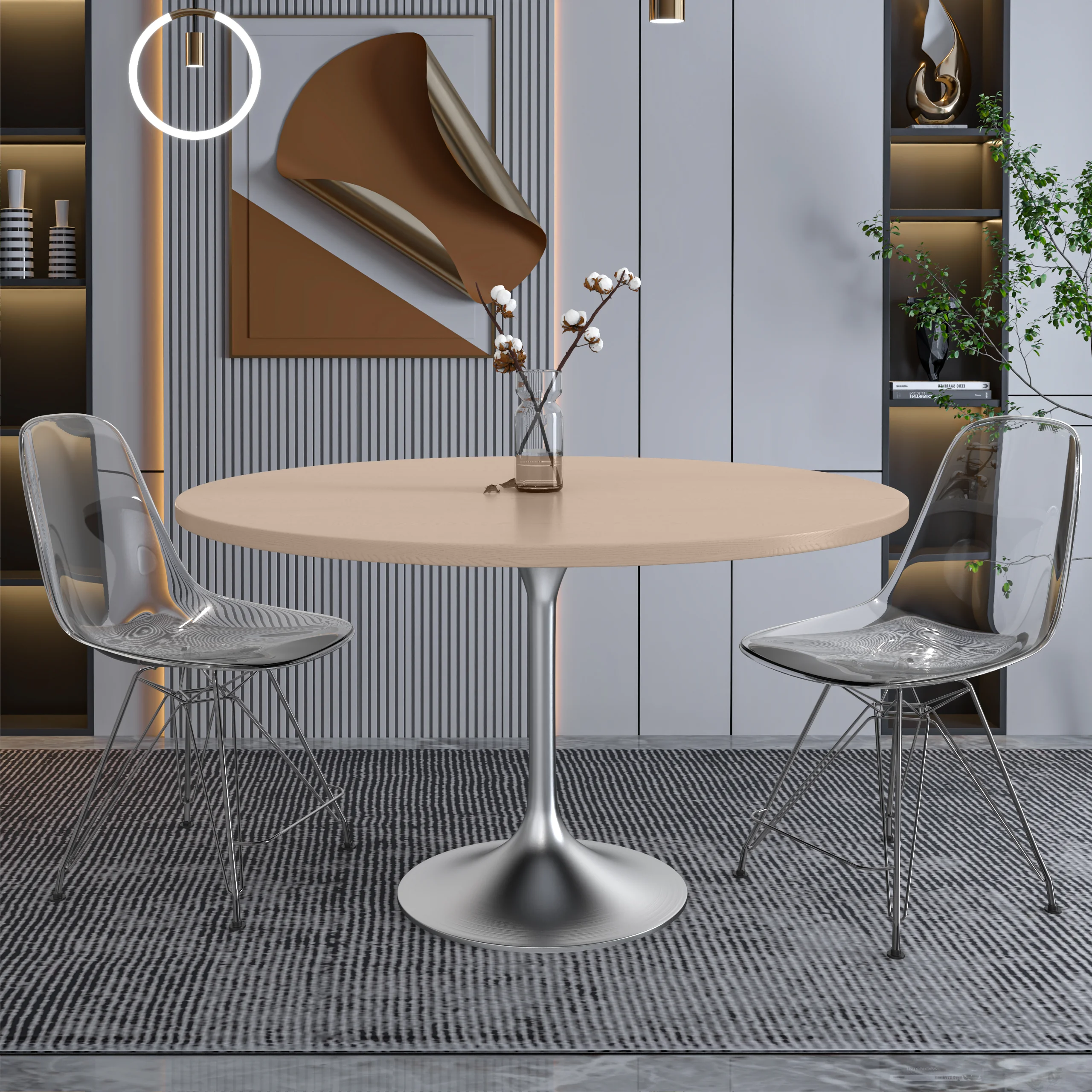 Verve Collection 48" Round Dining Table, Brushed Chrome Base with Light Natural Wood MDF Top