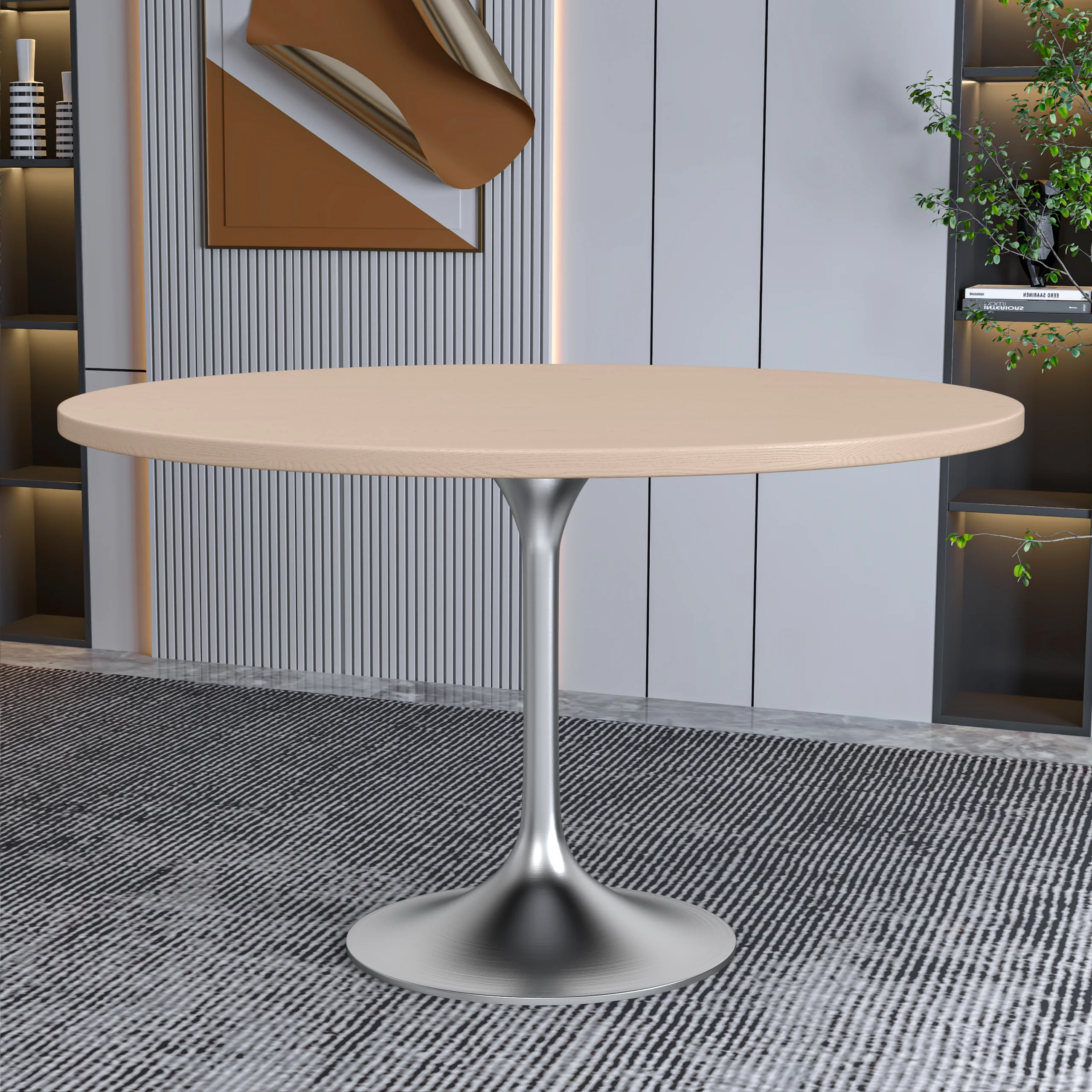 Verve Collection 48" Round Dining Table, Brushed Chrome Base with Light Natural Wood MDF Top