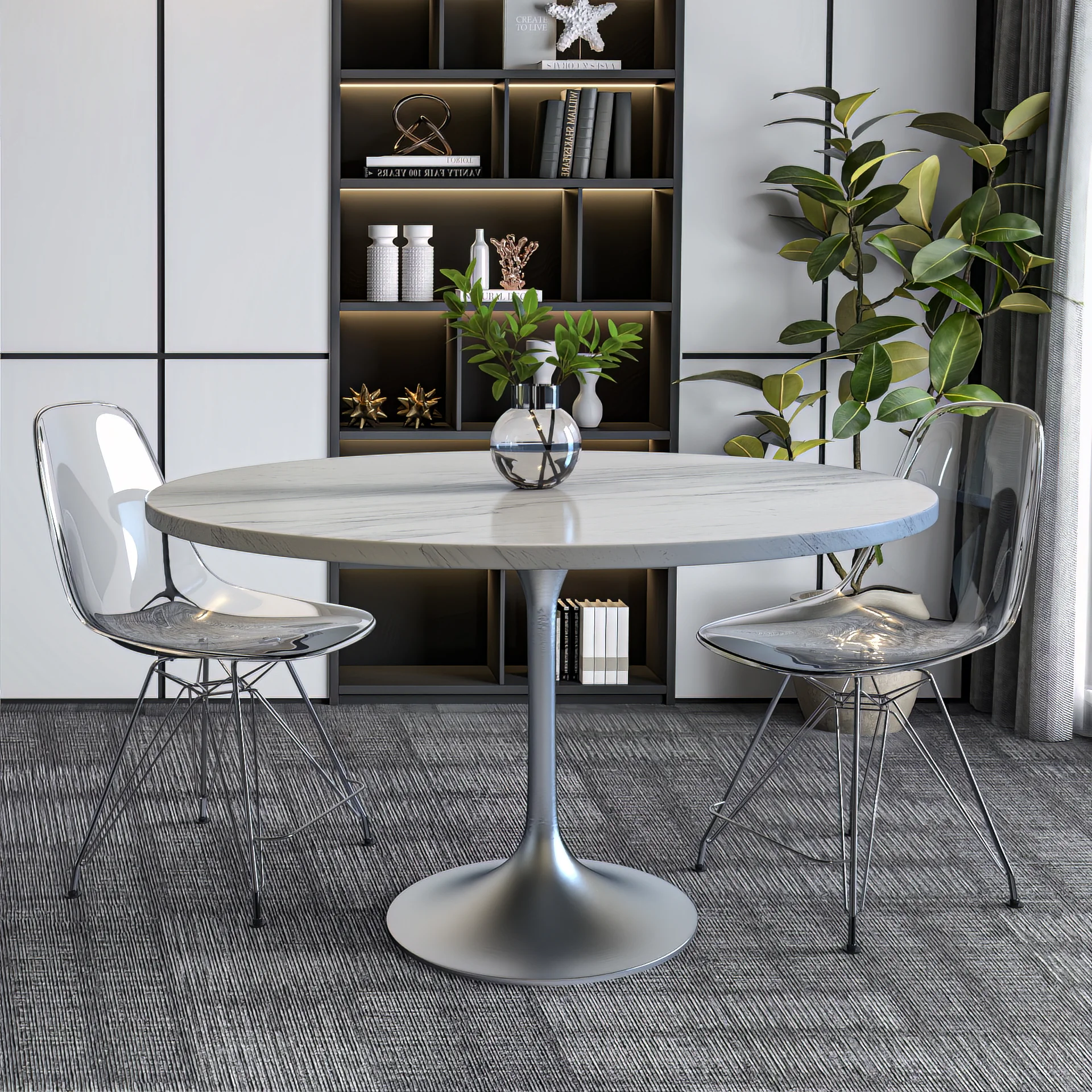 Verve Collection 48 Round Dining Table, Brushed Chrome Base with Laminated White Marbleized Top