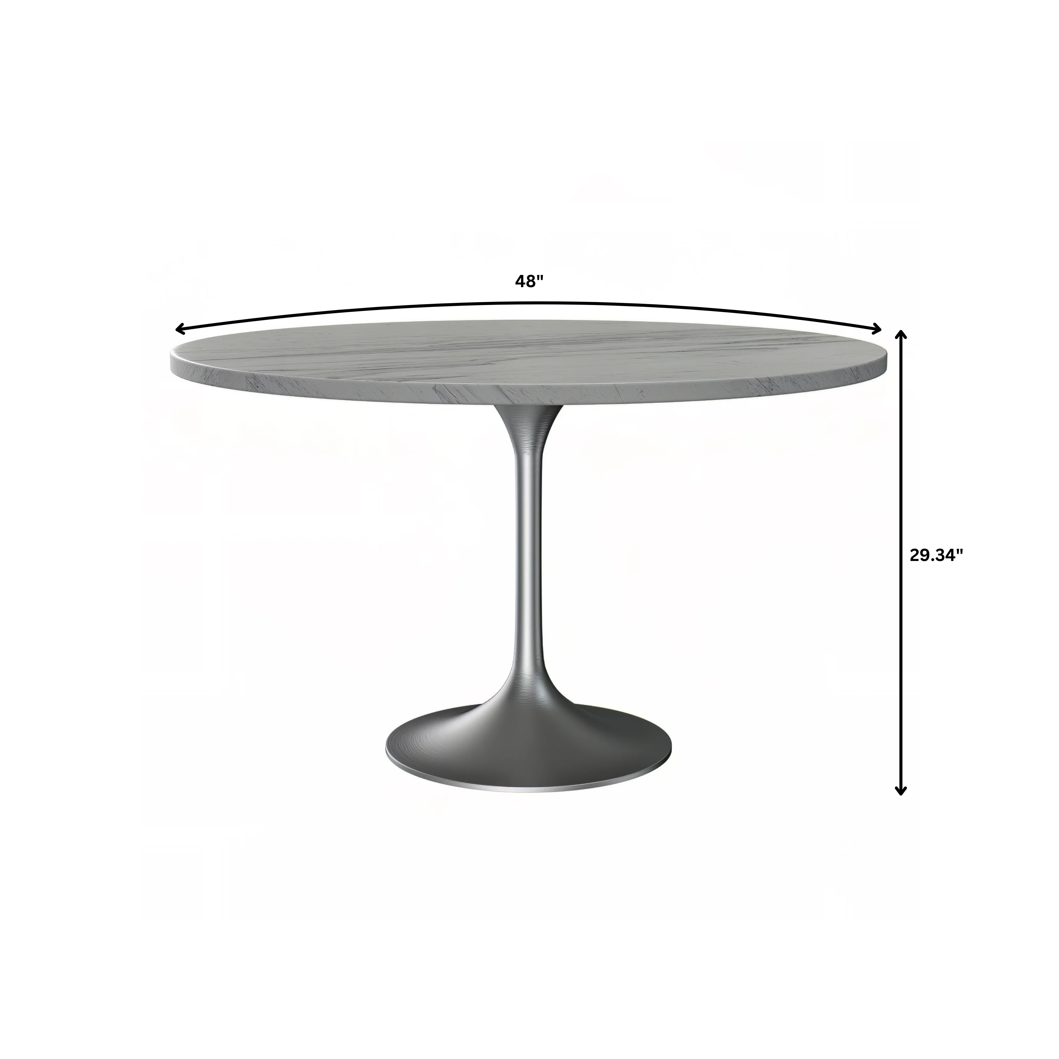 Verve Collection 48 Round Dining Table, Brushed Chrome Base with Laminated White Marbleized Top