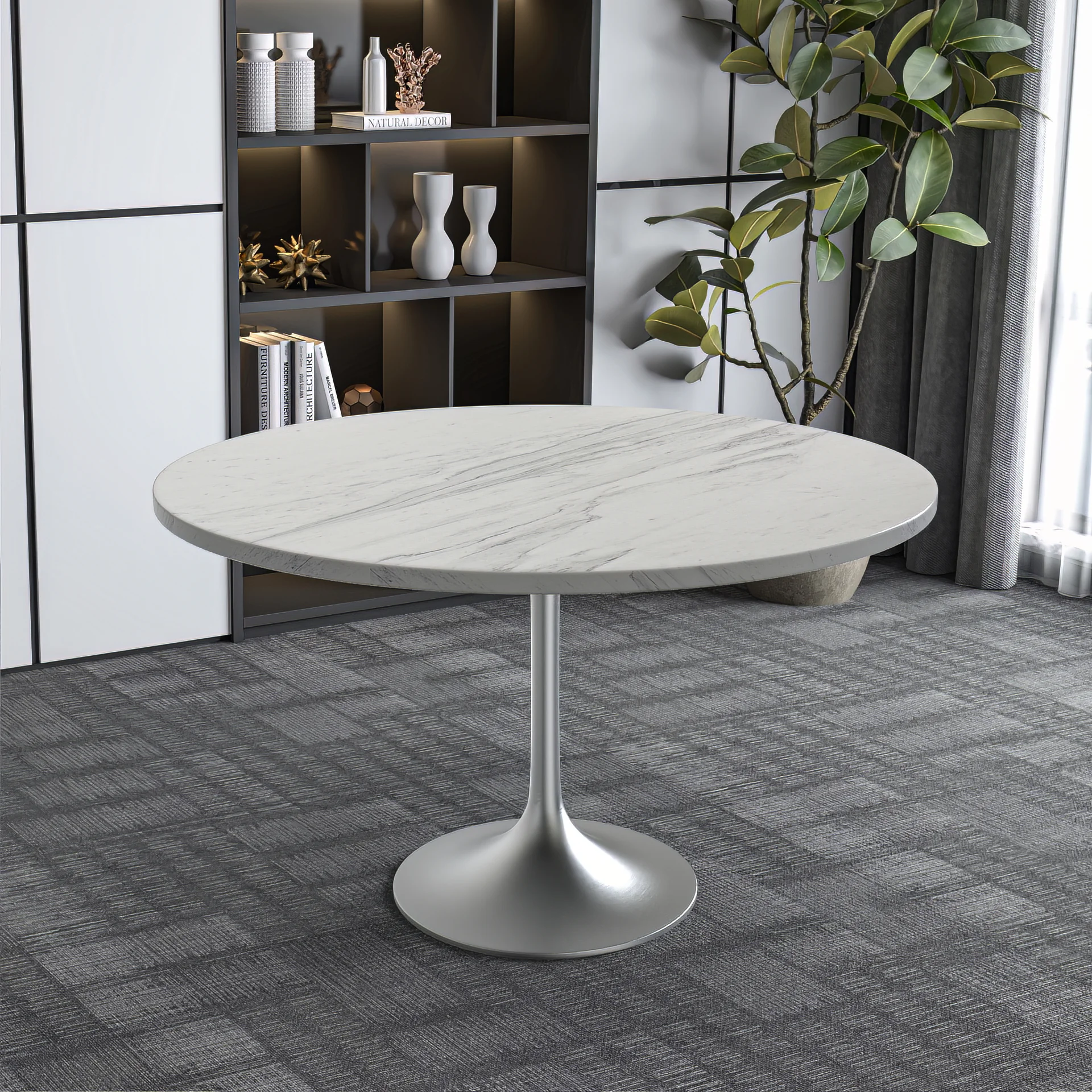 Verve Collection 48 Round Dining Table, Brushed Chrome Base with Laminated White Marbleized Top