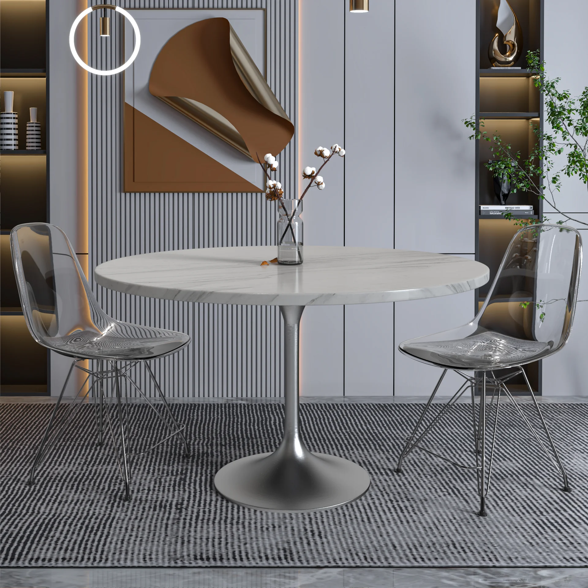 Verve Collection 48 Round Dining Table, Brushed Chrome Base with Sintered Stone White Top