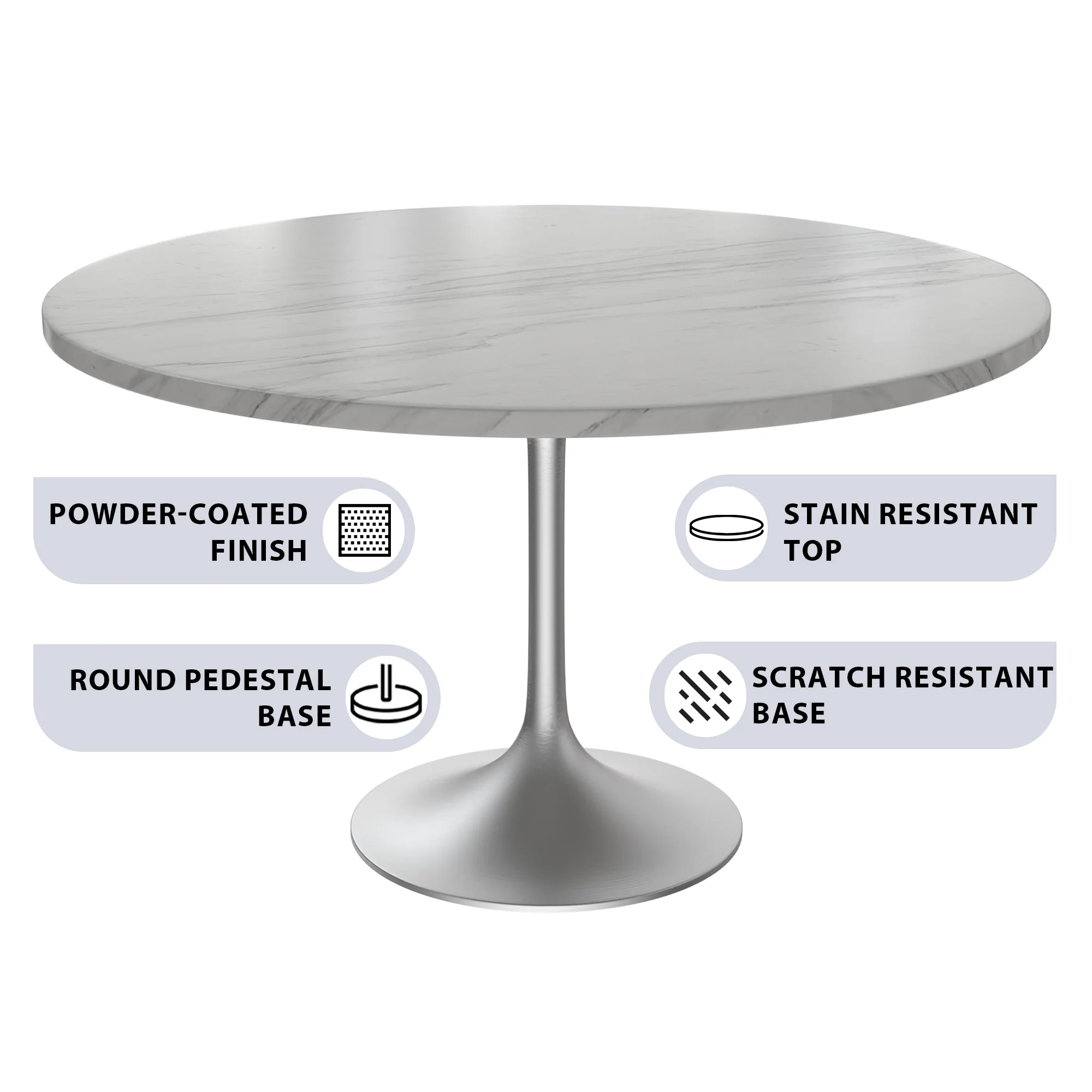 Verve Collection 48 Round Dining Table, Brushed Chrome Base with Sintered Stone White Top