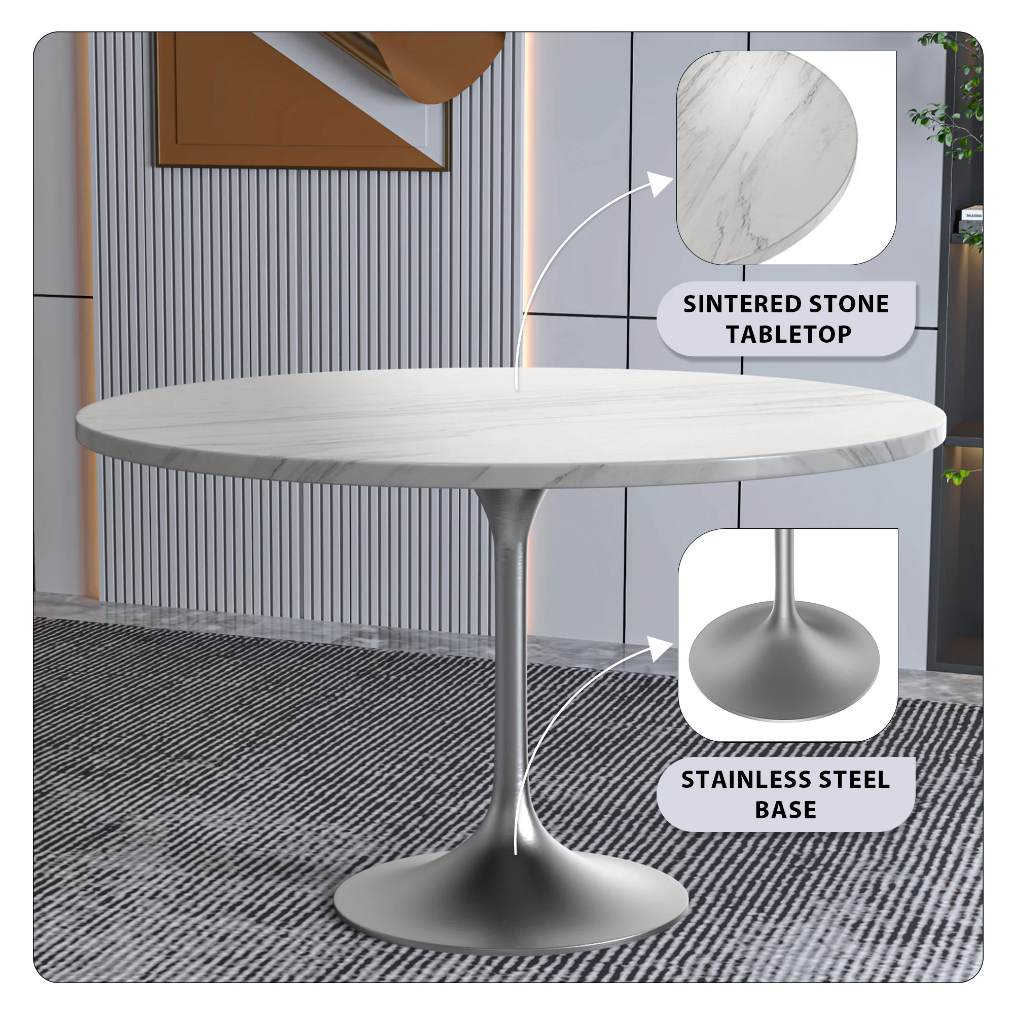 Verve Collection 48 Round Dining Table, Brushed Chrome Base with Sintered Stone White Top