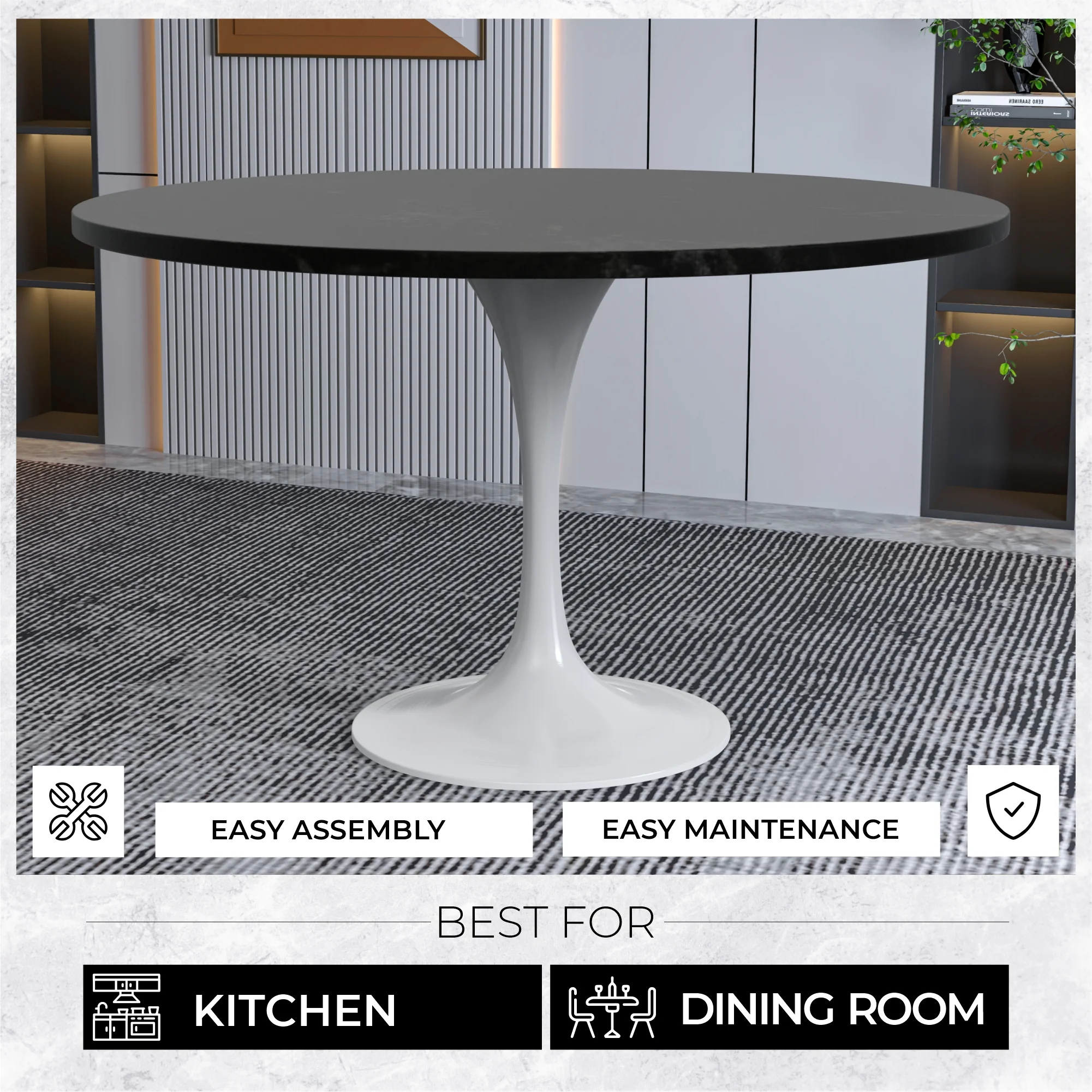 Verve Collection 48 Round Dining Table, White Base with Black MDF Top