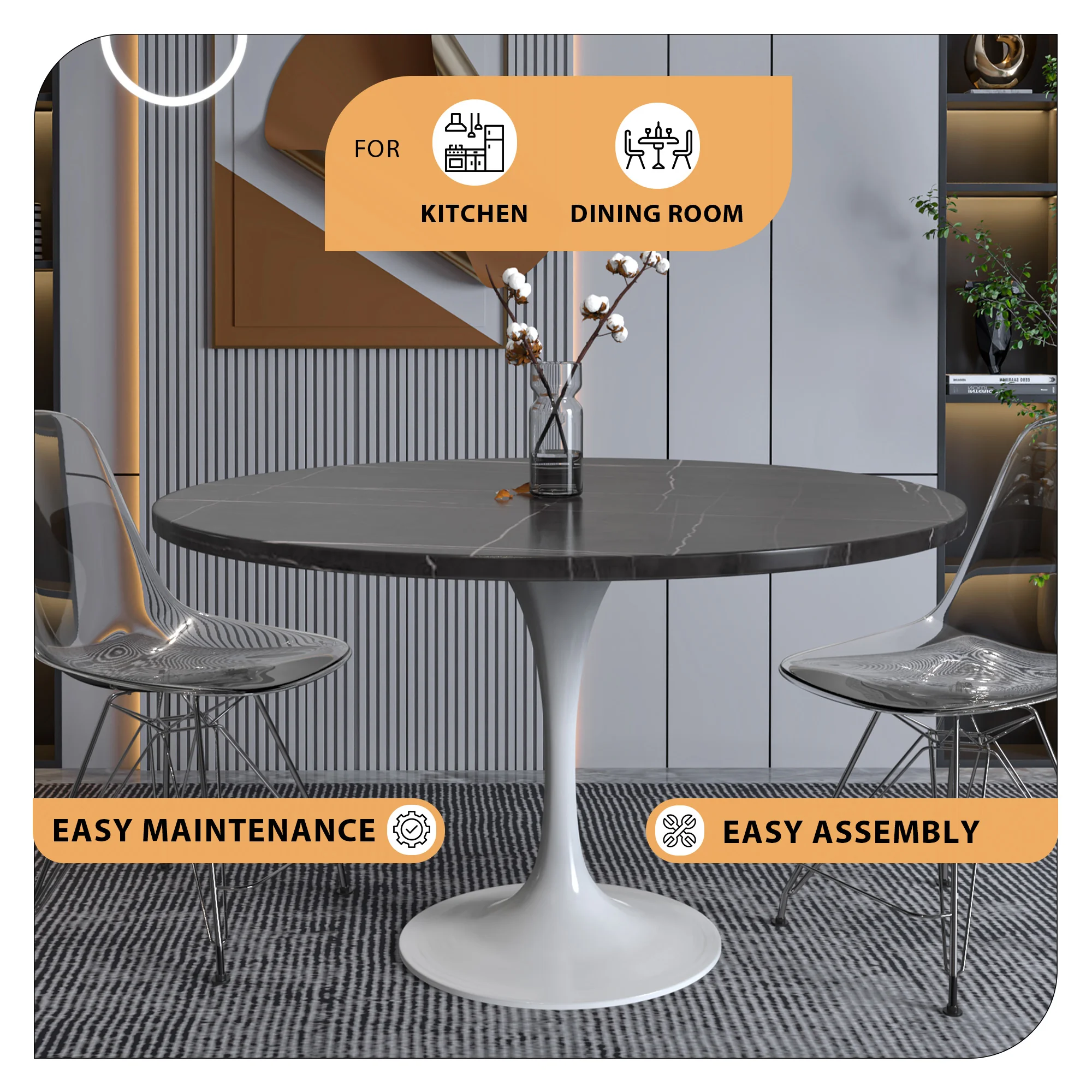 Verve Collection 48 Round Dining Table, White Base with Sintered Stone Black Top