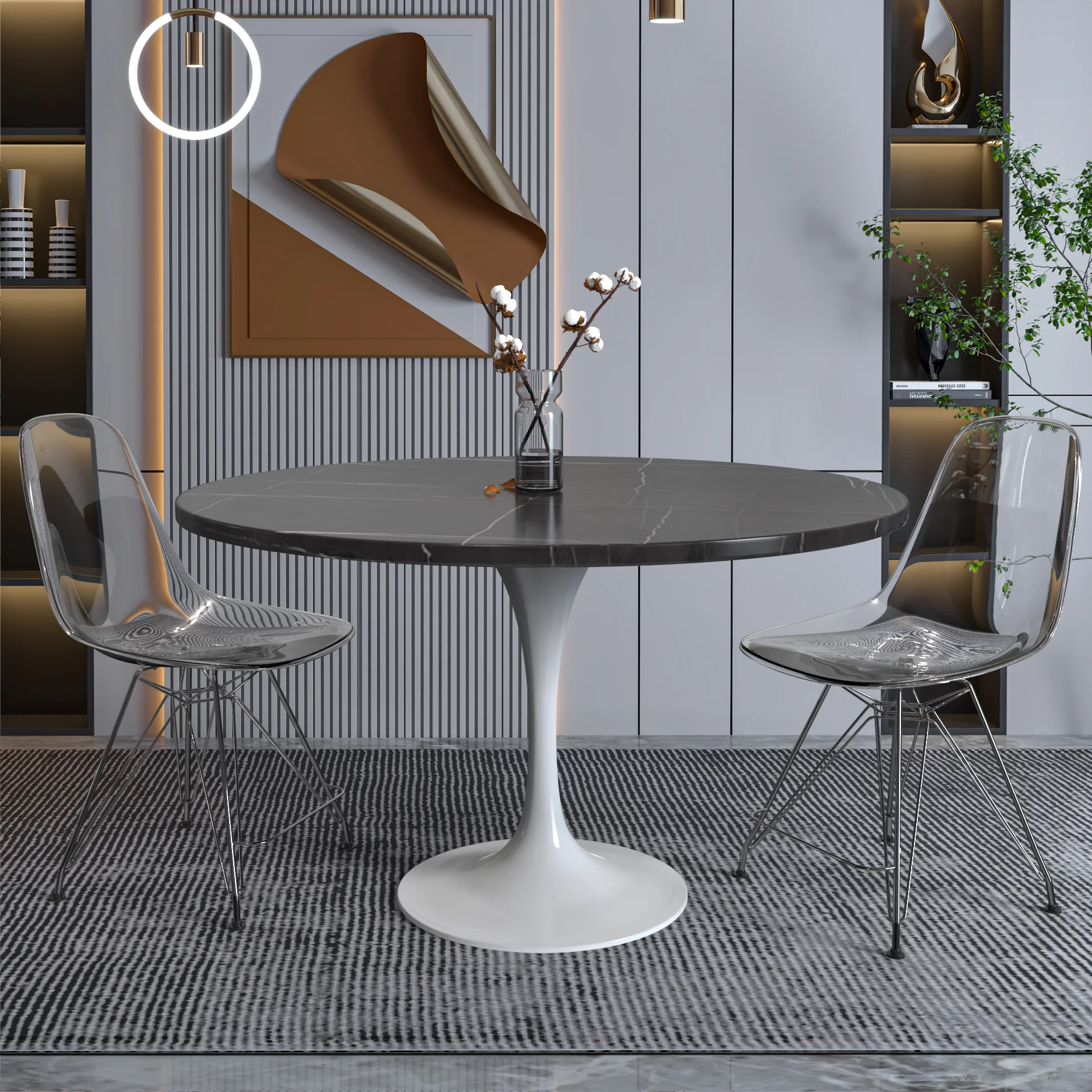 Verve Collection 48 Round Dining Table, White Base with Sintered Stone Black Top