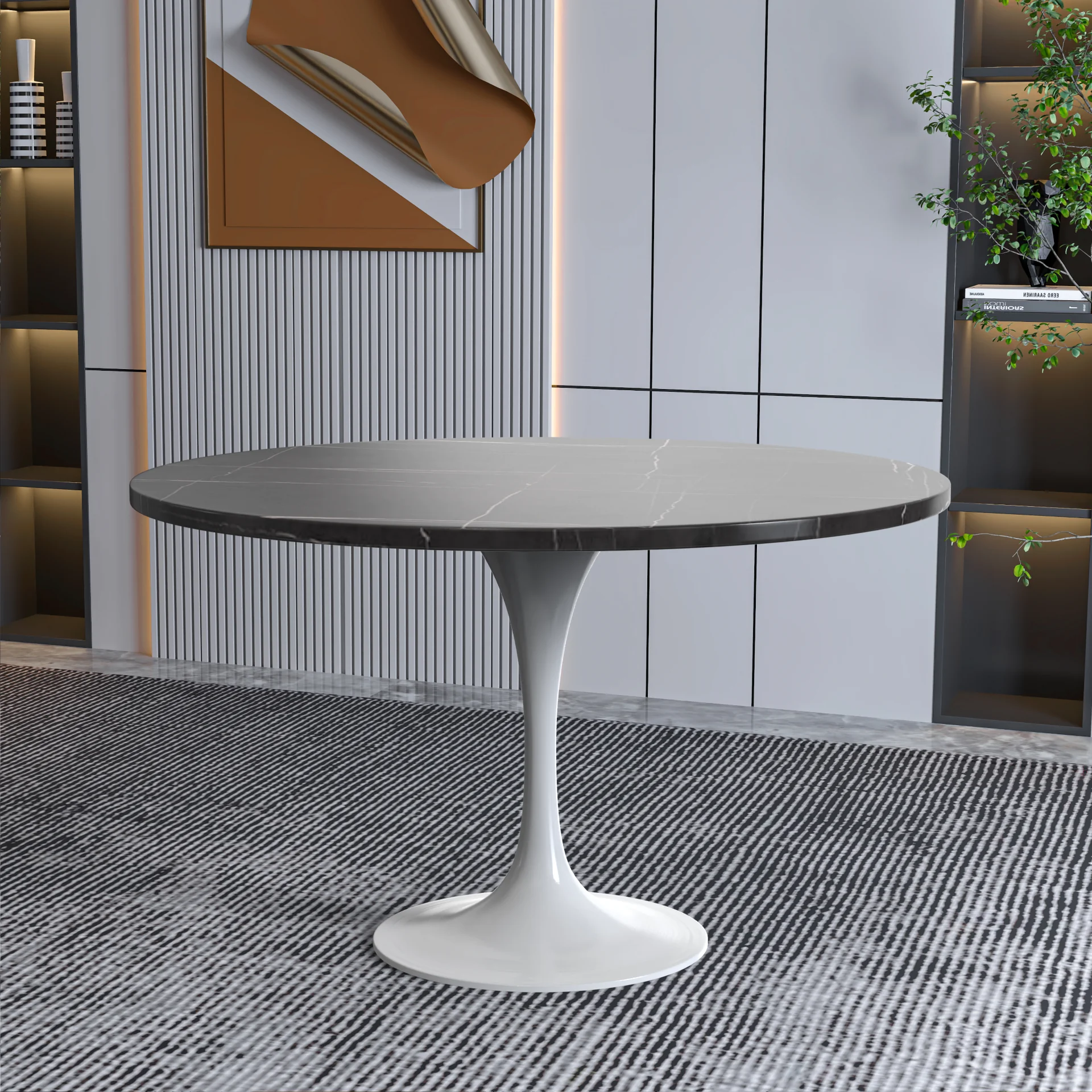 Verve Collection 48 Round Dining Table, White Base with Sintered Stone Black Top