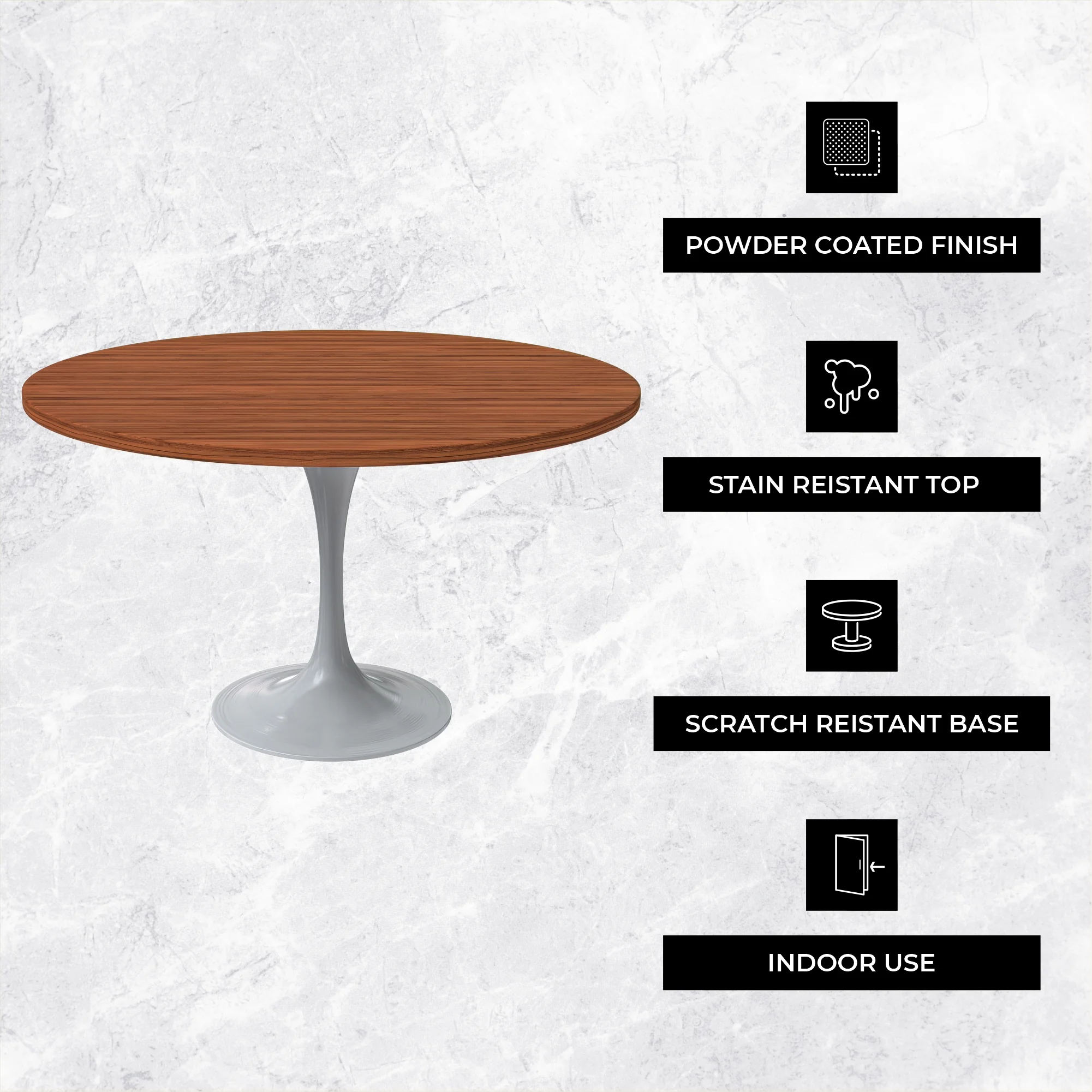 Verve Collection 48 Round Dining Table, White Base with Cognac Brown MDF Top